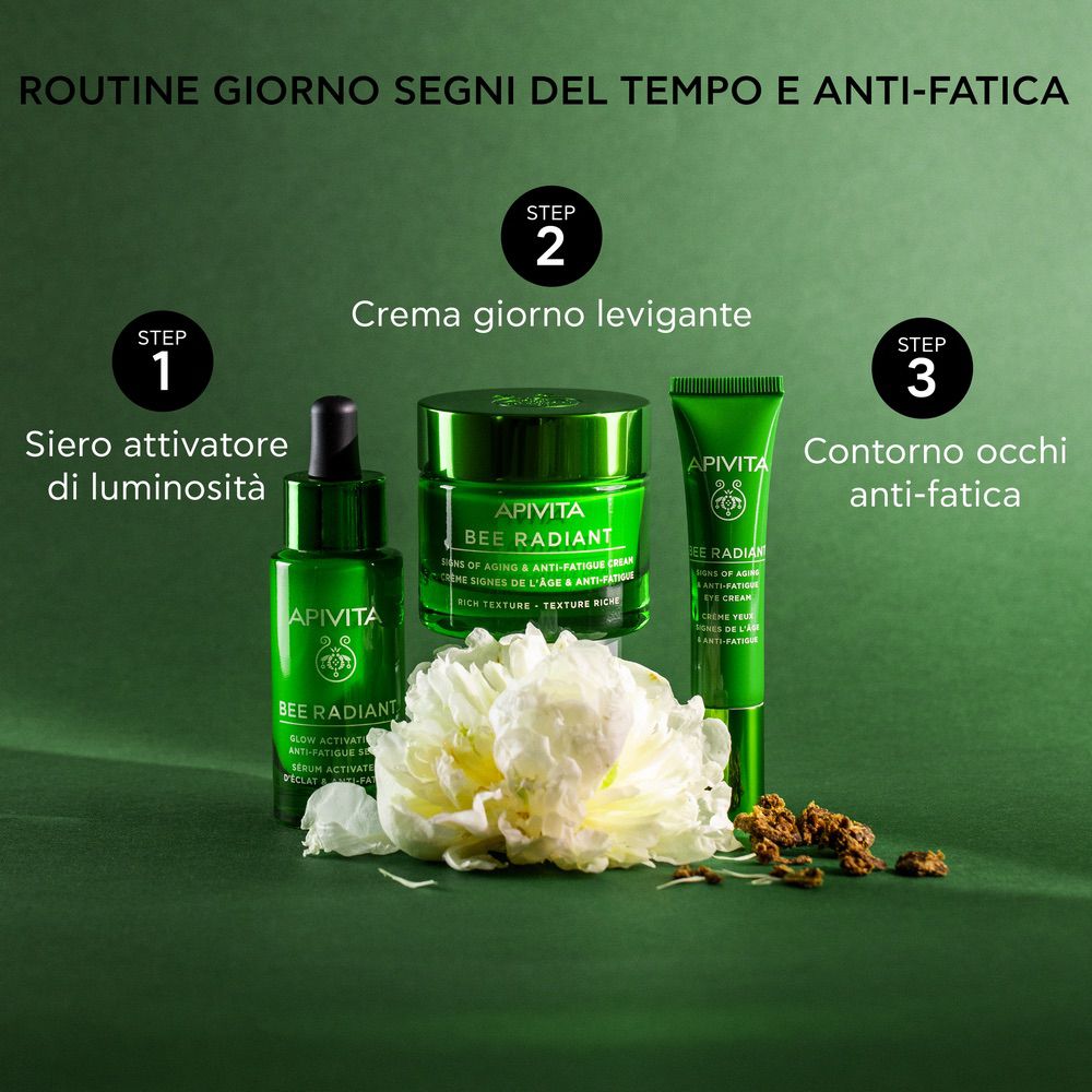 Drie producten: serum, crème, oogcrème. Tekst: Siero attivatore di luminosità, Crema giorno levigante, Contorno occhi anti-fatica.