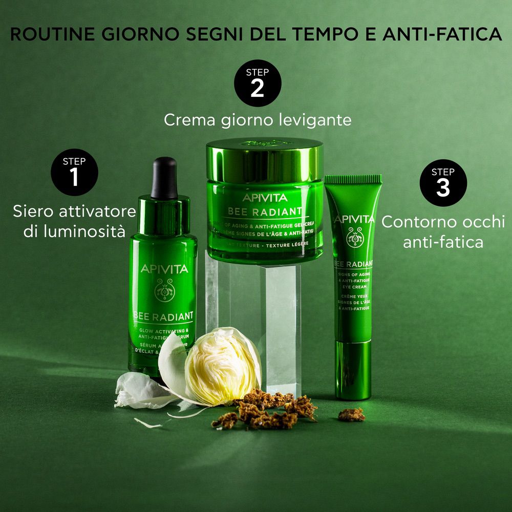 Drie producten: serum, crème, oogcrème. Tekst: Siero attivatore di luminosità, Crema giorno levigante, Contorno occhi anti-fatica.