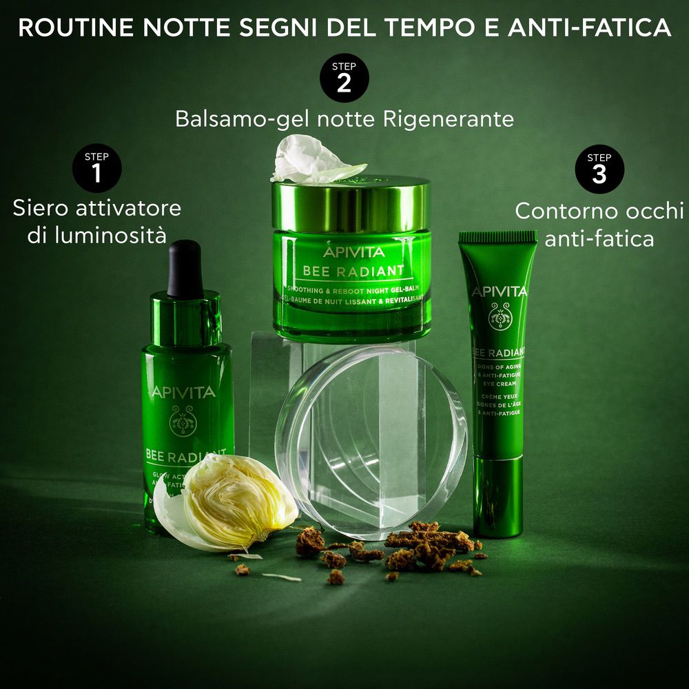 Drie producten: serum, crème, oogcrème. Tekst: Siero attivatore di luminosità, Balsamo-gel notte, Contorno occhi anti-fatica.