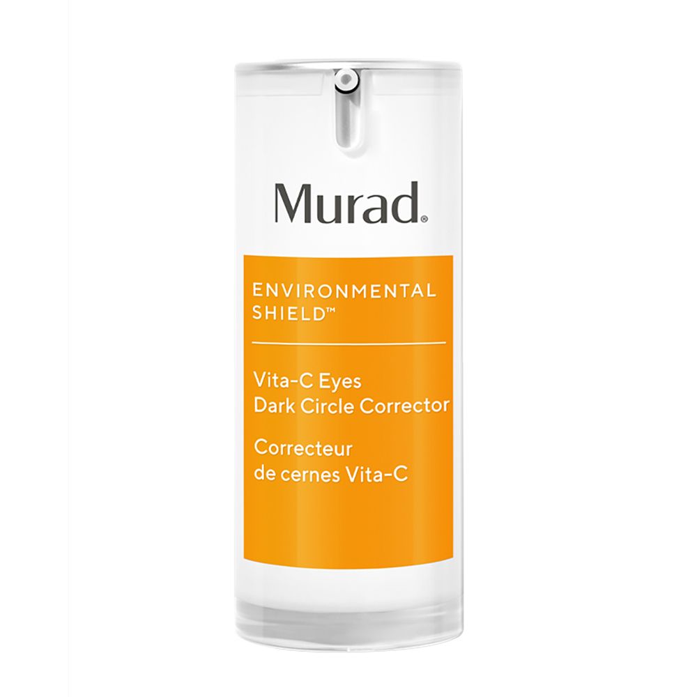 Murad Vita-C Eyes Dark Circle Corrector. Flacon blanc, bouchon argenté, étiquette jaune. Nom du produit et marque visibles.