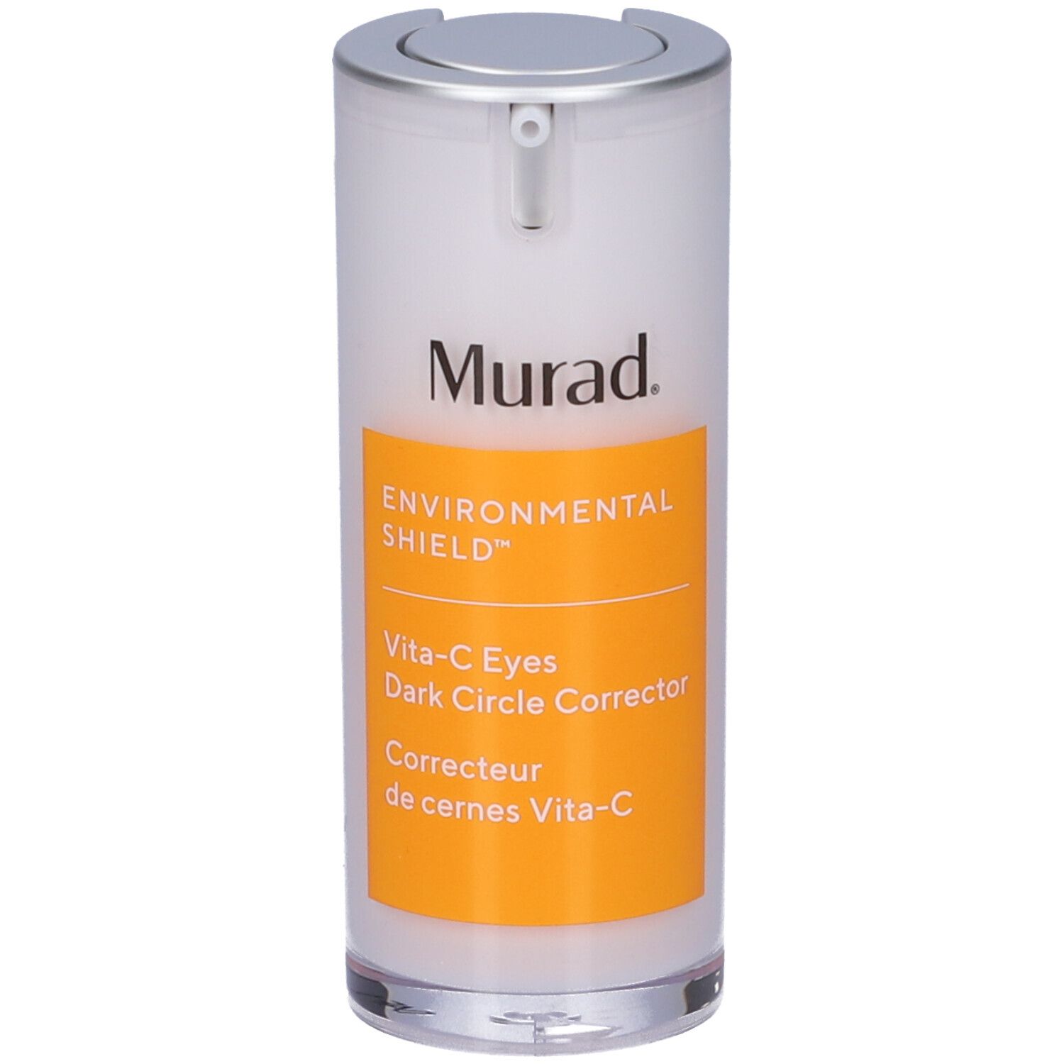 Murad Vita-C Eyes Dark Circle Corrector. Flacon blanc, bouchon argenté, étiquette jaune. Nom du produit et marque visibles.