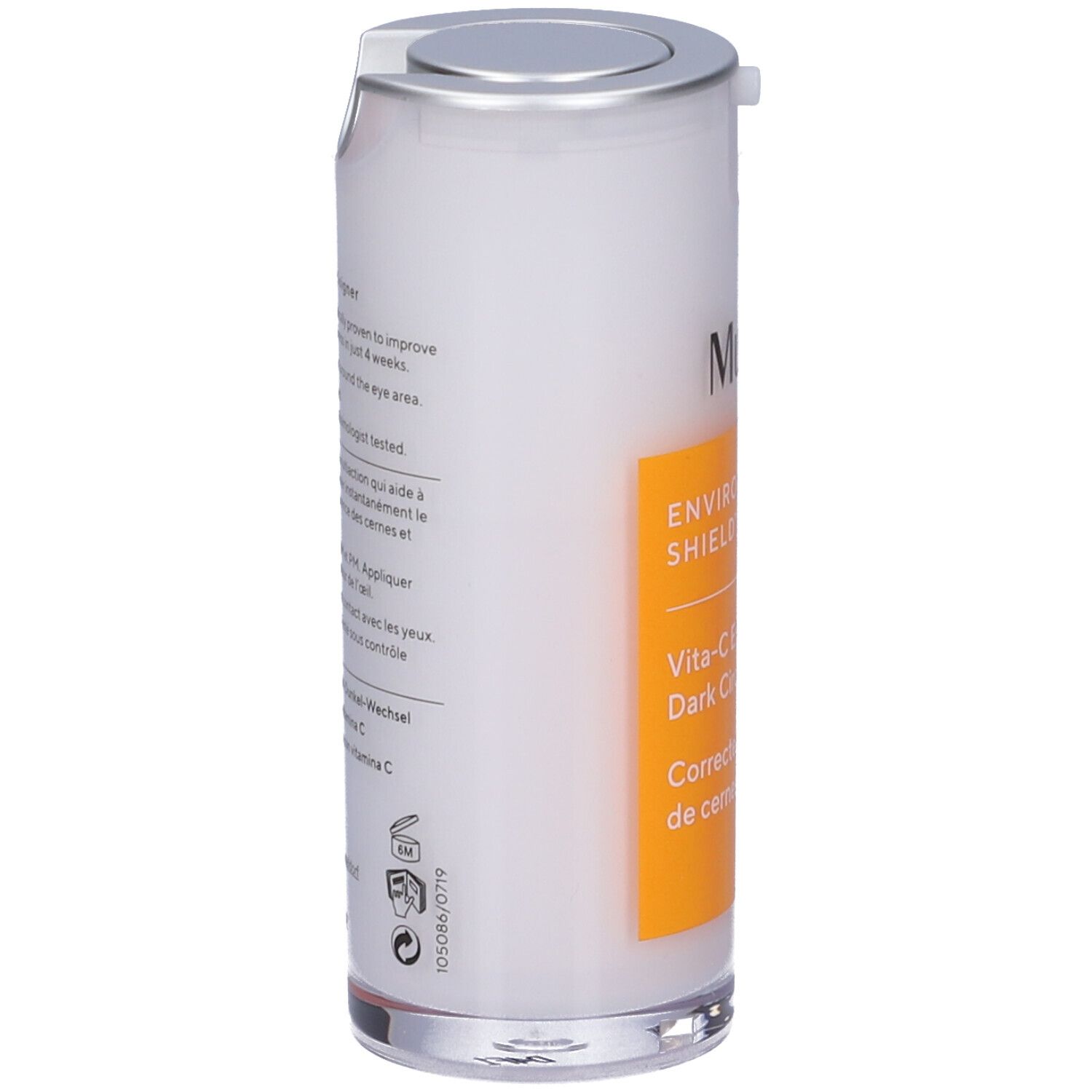 Murad Vita-C Eyes Dark Circle Corrector. Flacon blanc, bouchon argenté, étiquette jaune. Nom du produit et marque visibles.