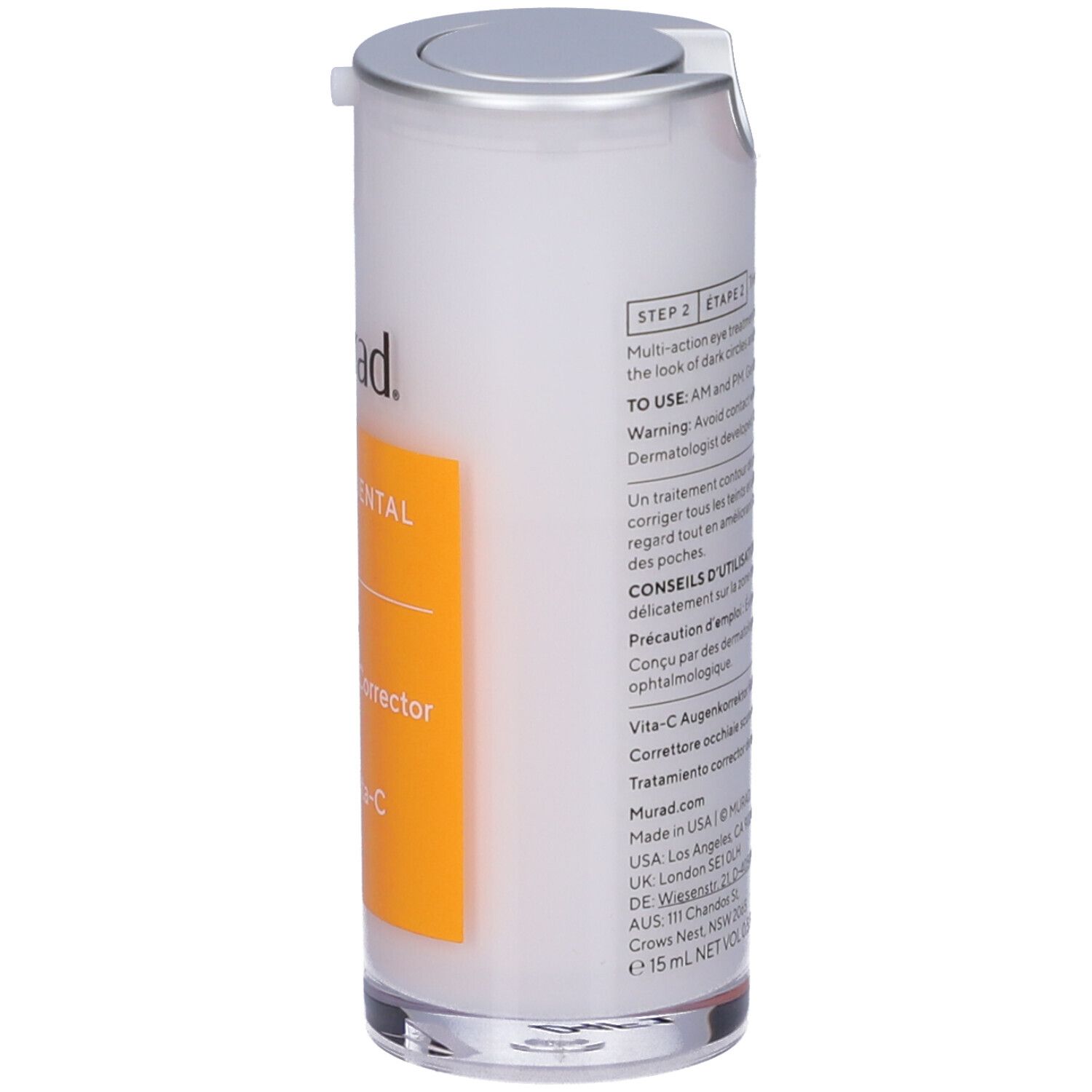 Murad Vita-C Eyes Dark Circle Corrector. Flacon blanc, bouchon argenté, étiquette jaune. Nom du produit et marque visibles.