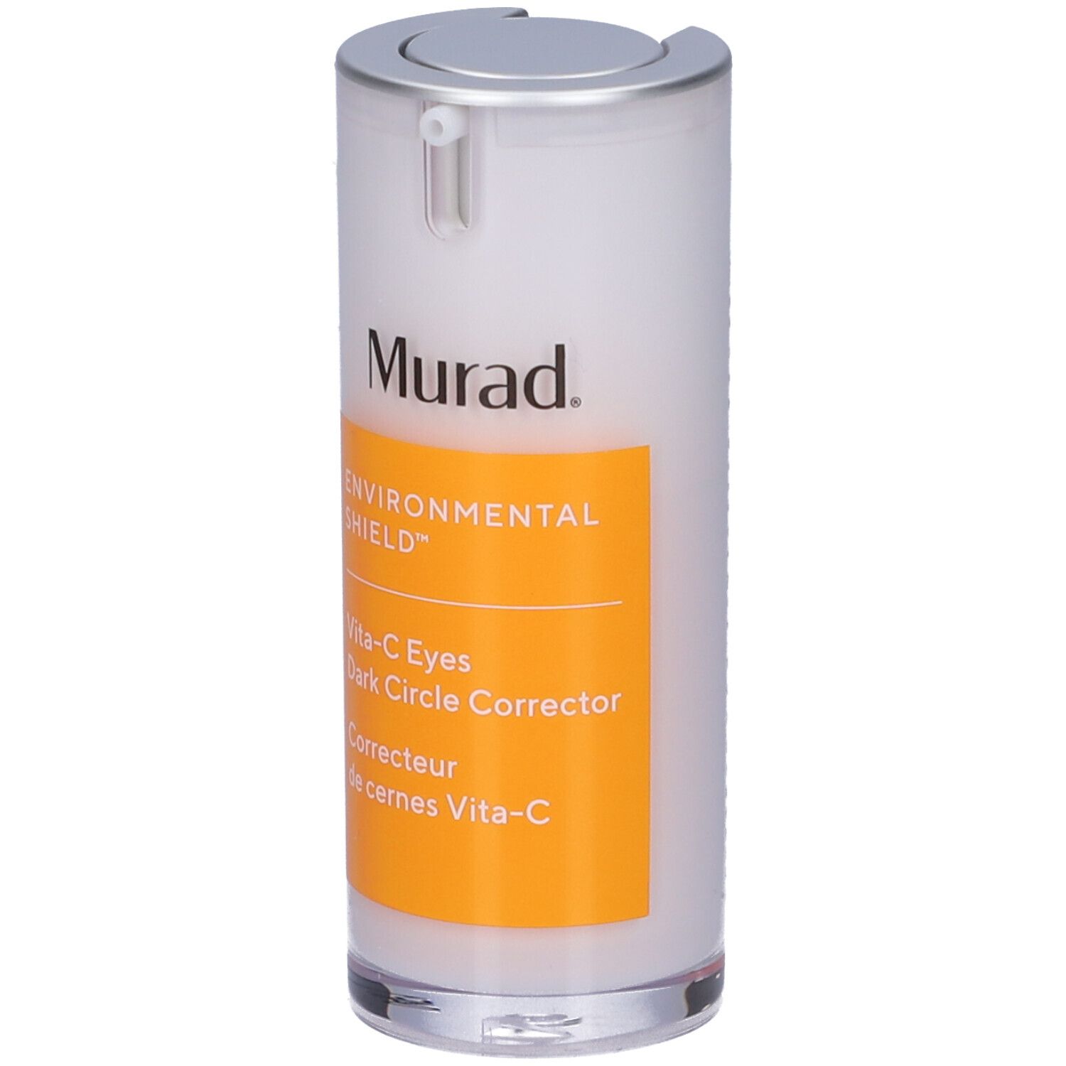 Murad Vita-C Eyes Dark Circle Corrector. Flacon blanc, bouchon argenté, étiquette jaune. Nom du produit et marque visibles.