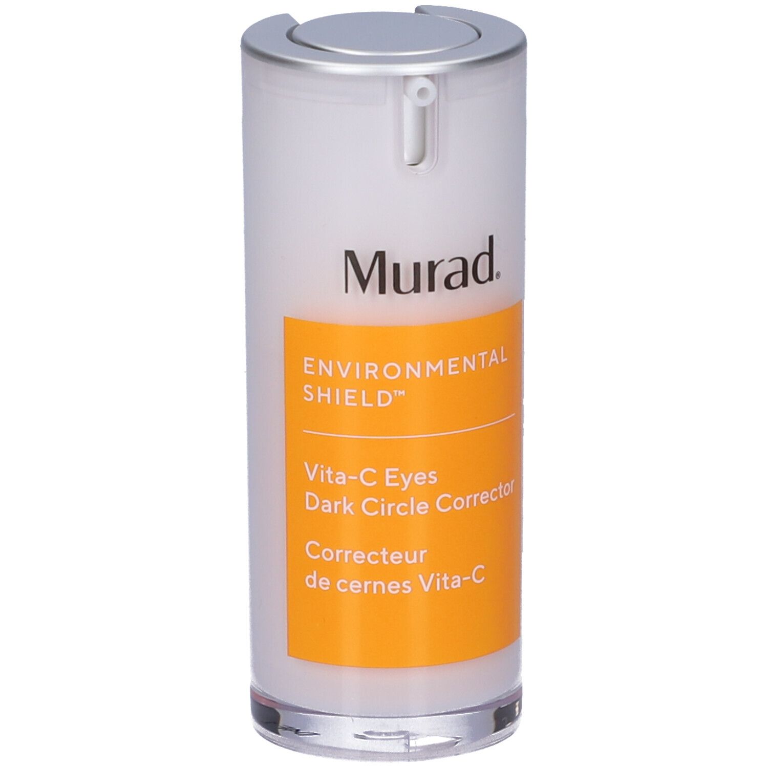 Murad Vita-C Eyes Dark Circle Corrector. Flacon blanc, bouchon argenté, étiquette jaune. Nom du produit et marque visibles.