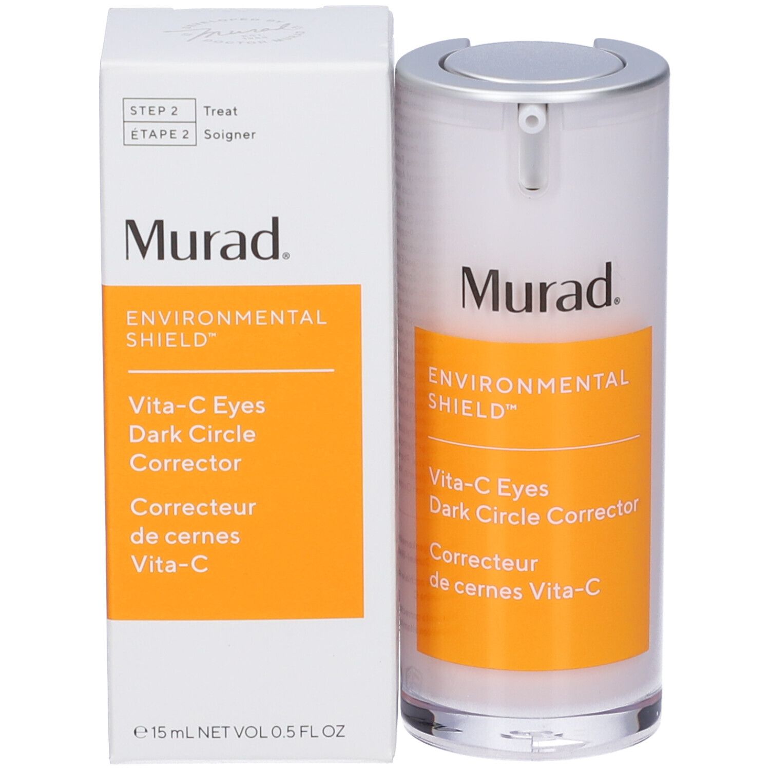 Murad Vita-C Eyes Dark Circle Corrector et emballage. Boîte et flacon blancs. Nom du produit et marque visibles.