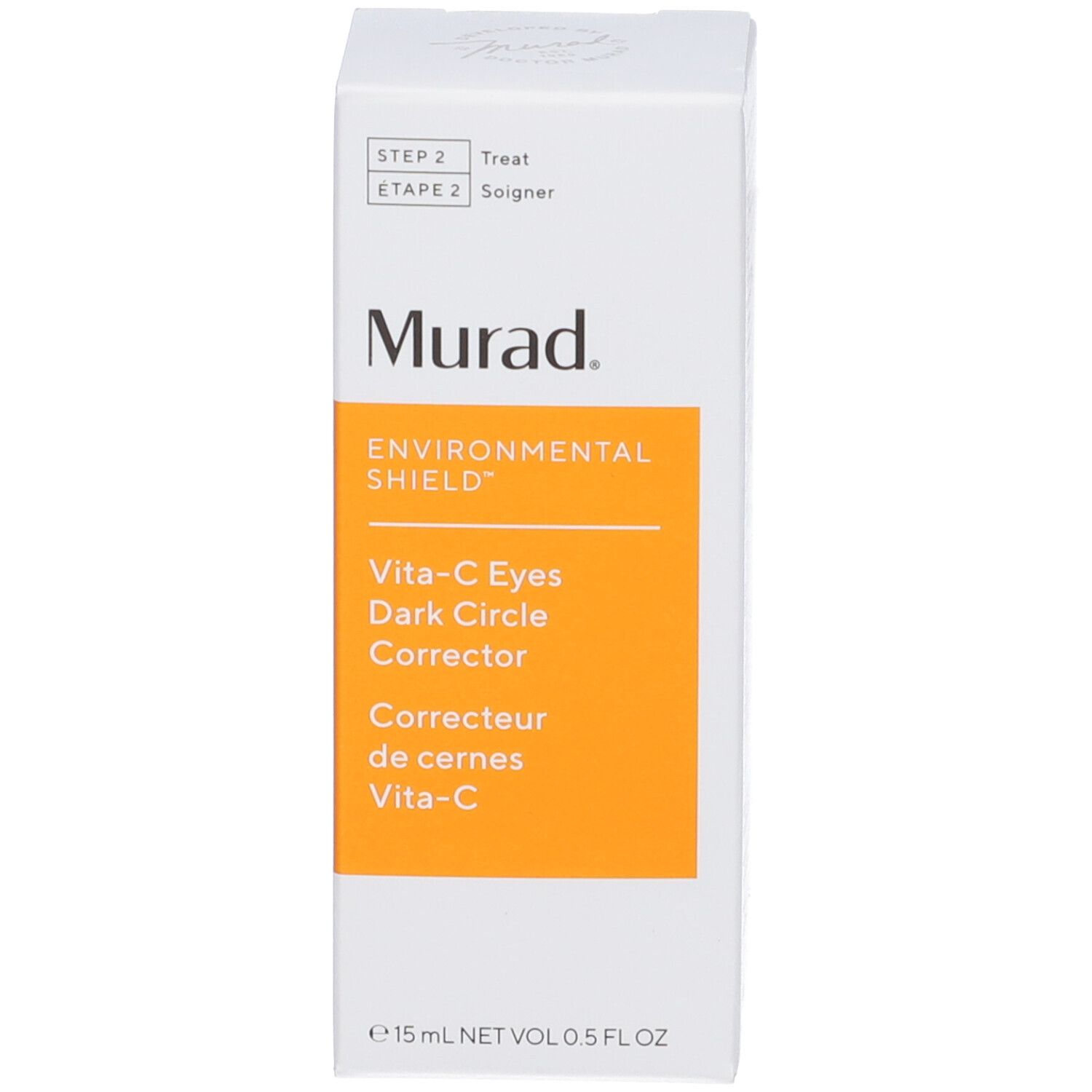 Emballage de Murad Vita-C Eyes Dark Circle Corrector. Boîte blanche avec étiquette jaune. Nom du produit et marque visibles.