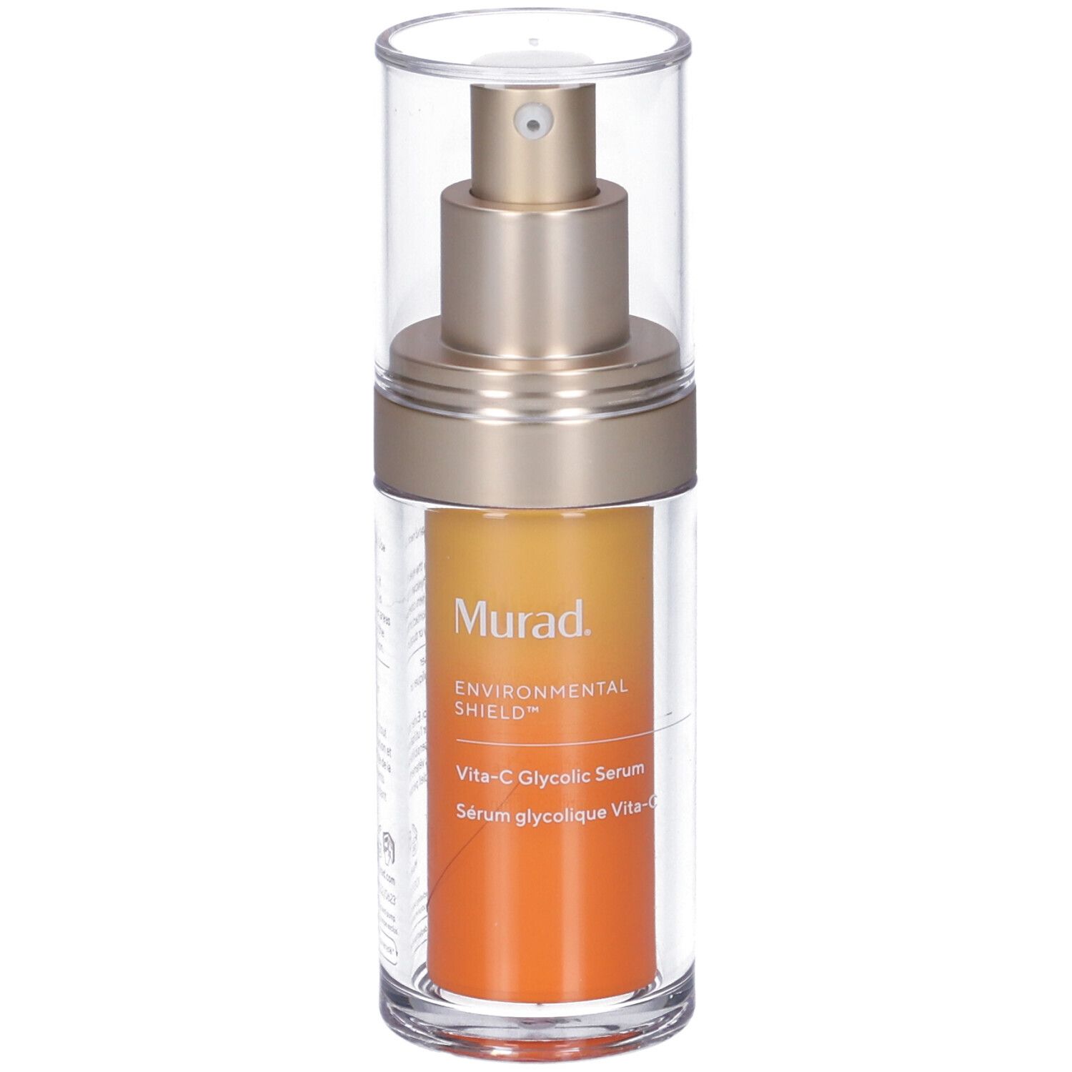 Flacon transparent avec pompe dorée et liquide orange. Inscription: Murad, Vita-C Glycolic Serum.