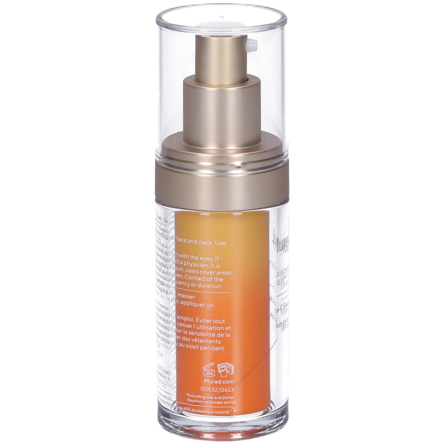 Flacon transparent avec pompe dorée et liquide orange. Inscription: Murad, Vita-C Glycolic Serum. Texte au dos.