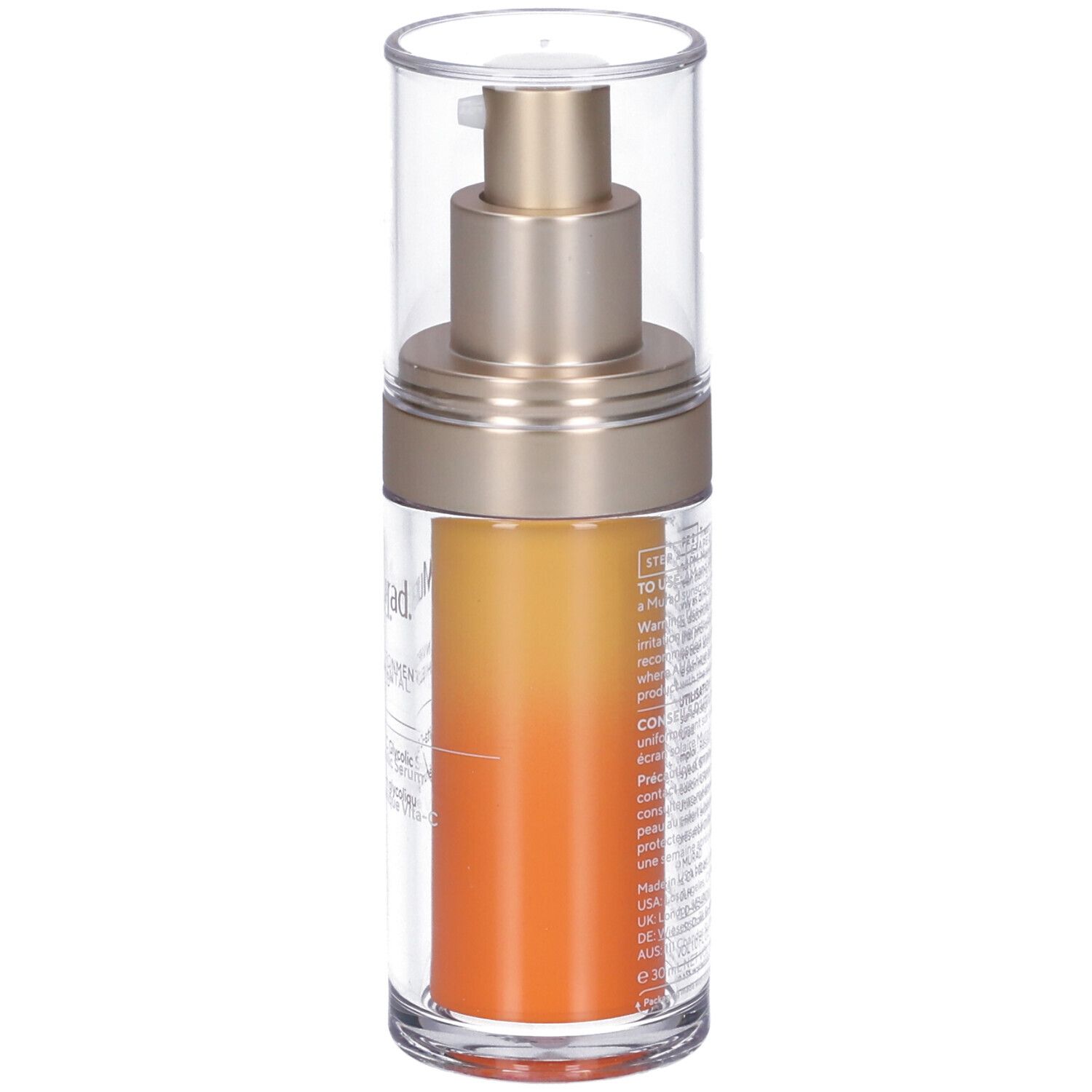 Flacon transparent avec pompe dorée et liquide orange. Inscription: Murad, Vita-C Glycolic Serum. Texte au dos.