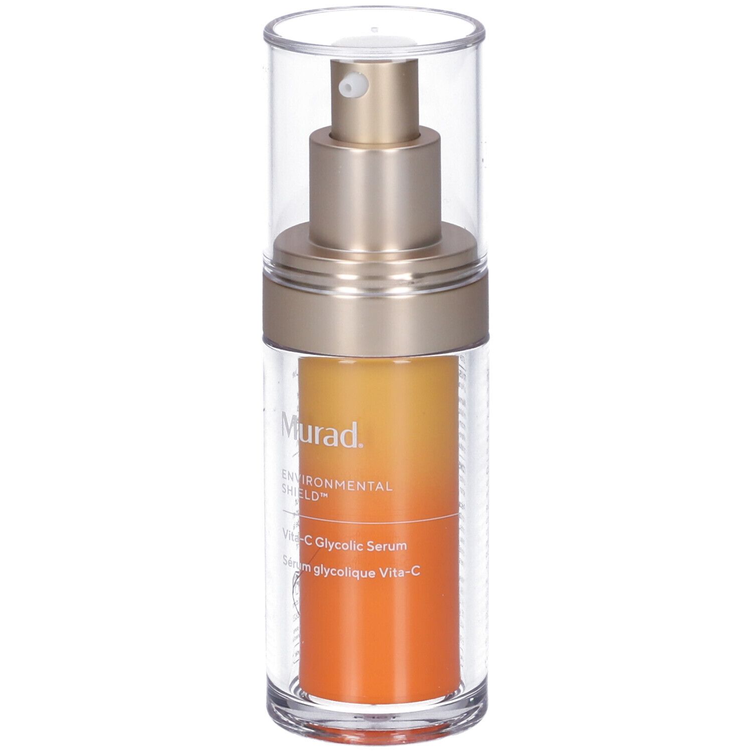 Flacon transparent avec pompe dorée et liquide orange. Inscription: Murad, Vita-C Glycolic Serum.