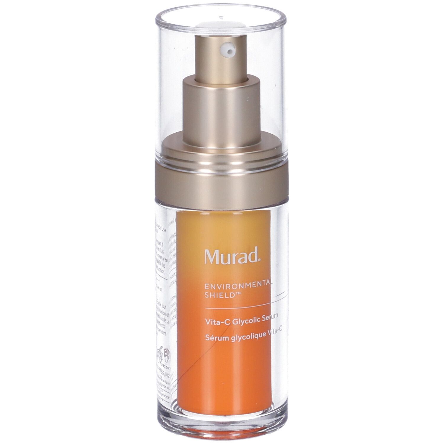 Flacon transparent avec pompe dorée et liquide orange. Inscription: Murad, Vita-C Glycolic Serum.