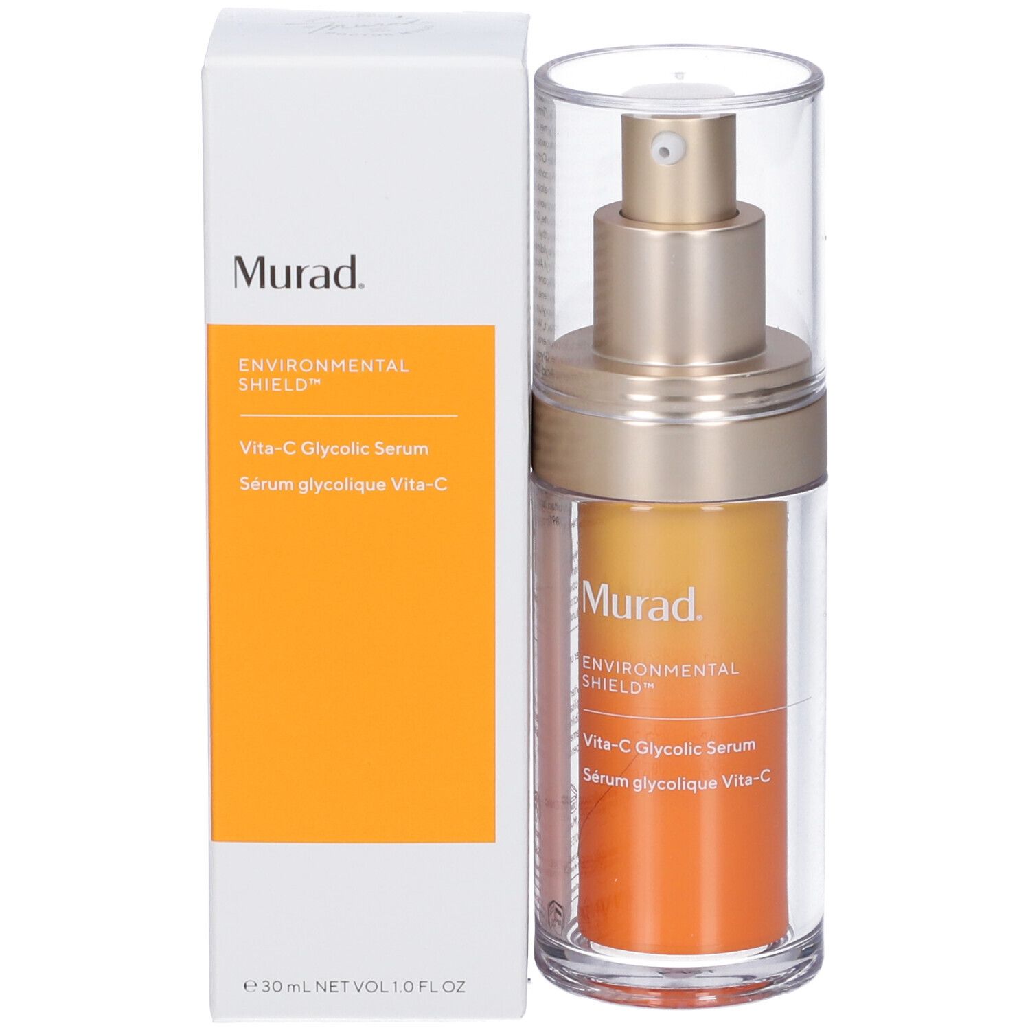 Flacon et emballage. Inscription: Murad, Vita-C Glycolic Serum. Emballage blanc avec zone orange.