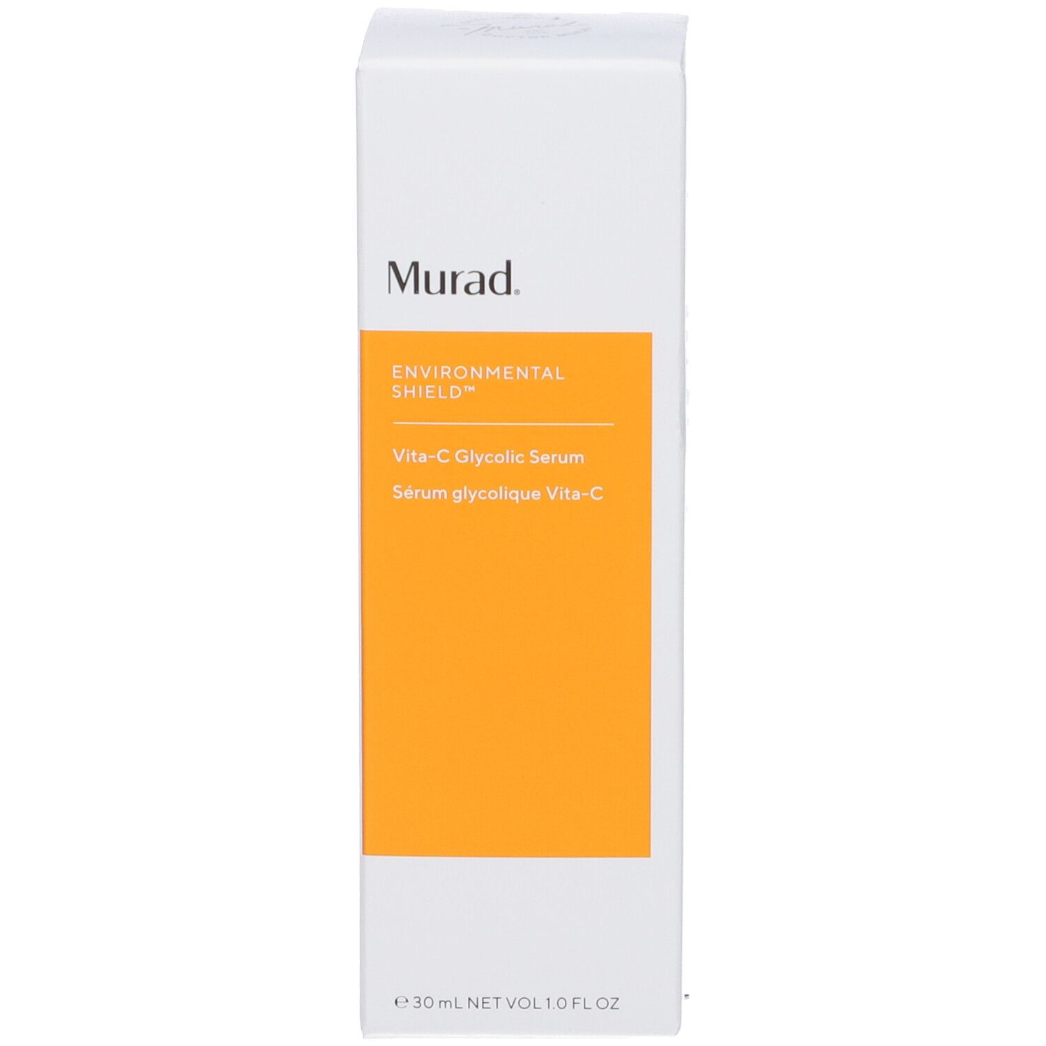 Emballage blanc avec zone orange. Inscription: Murad, Vita-C Glycolic Serum.