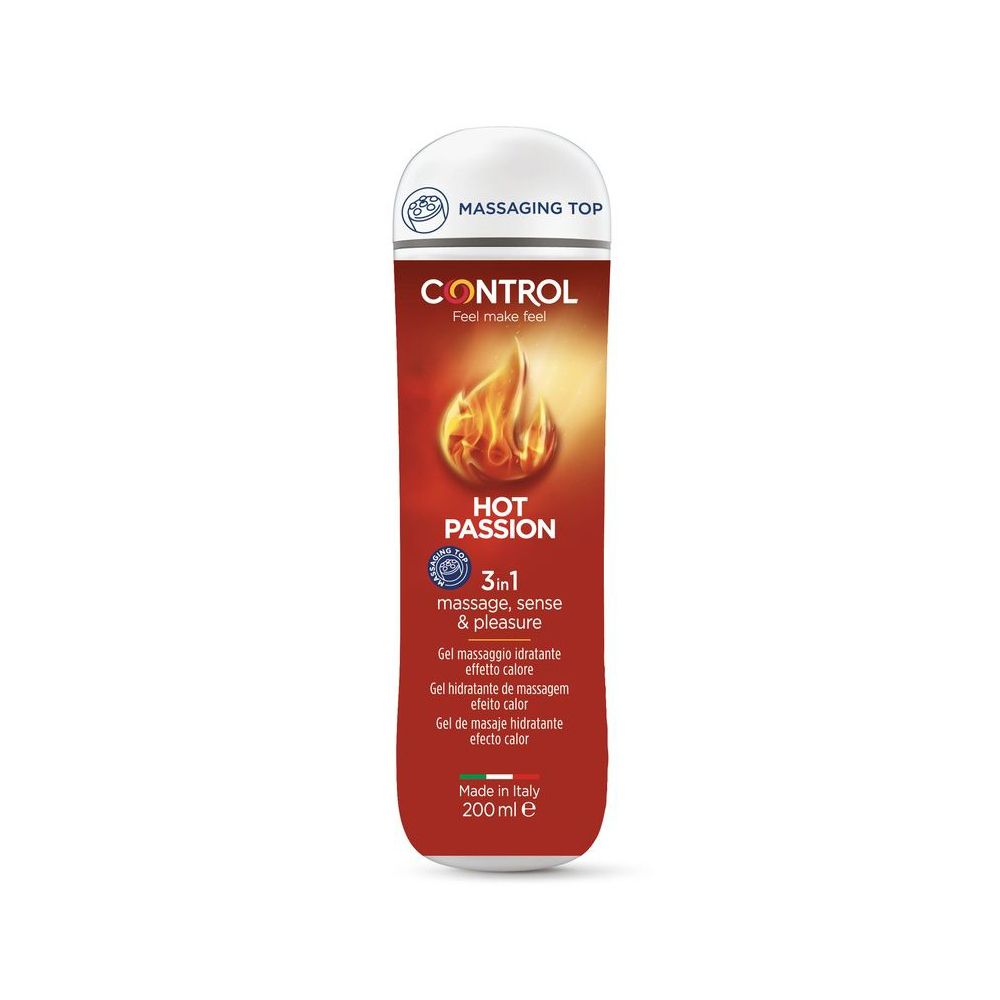 Gel lubrifiant et huile de massage Control Hot Passion 3-en-1 dans une bouteille rouge avec un design de flammes.
