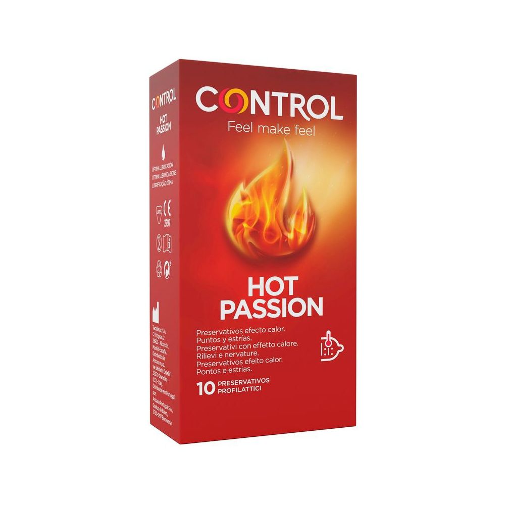 Control Hot Passion condooms, 10 stuks. Rode verpakking met vlammen-design.