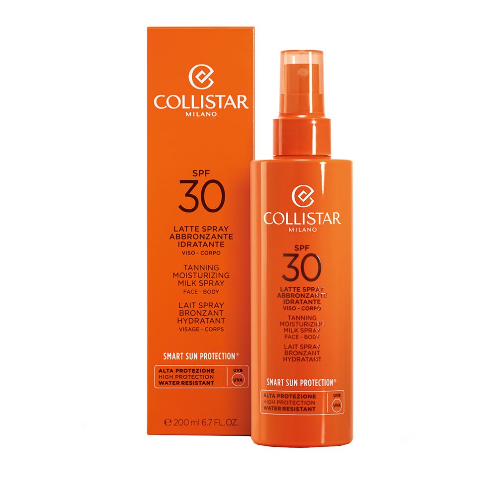 Collistar Tanning Moisturizing Milk Spray SPF30 met verpakking.
