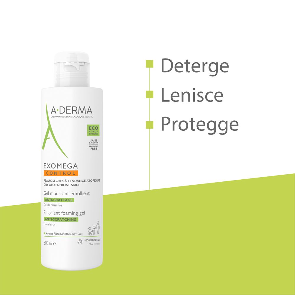 Flacon A-Derma Exomega Control de 200ml, gel moussant émollient pour peaux sèches à tendance atopique.