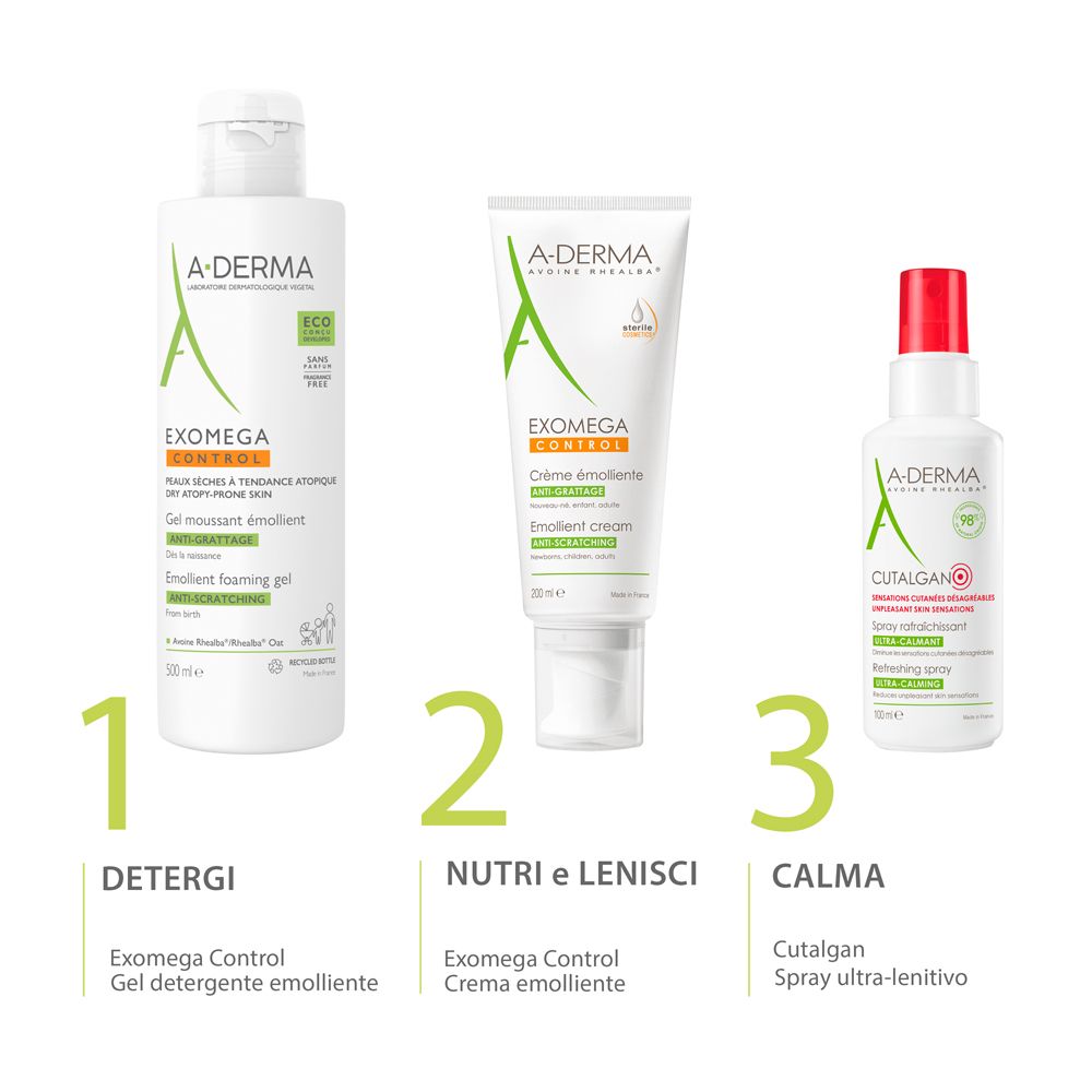 Trois produits de soin A-Derma : Gel lavant émollient, Crème émolliente et Spray apaisant.