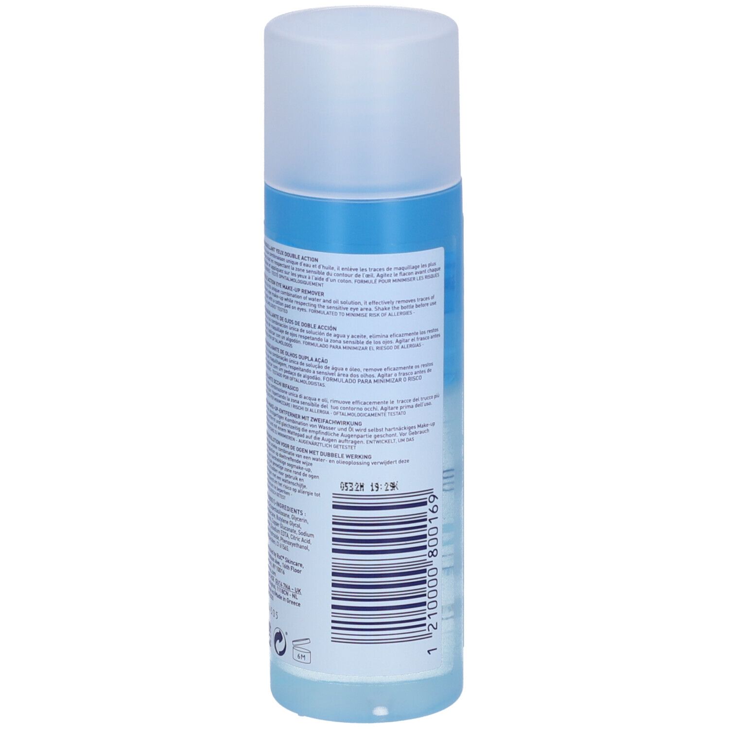Bouteille de liquide bleu avec bouchon blanc. Étiquette avec texte et code-barres.