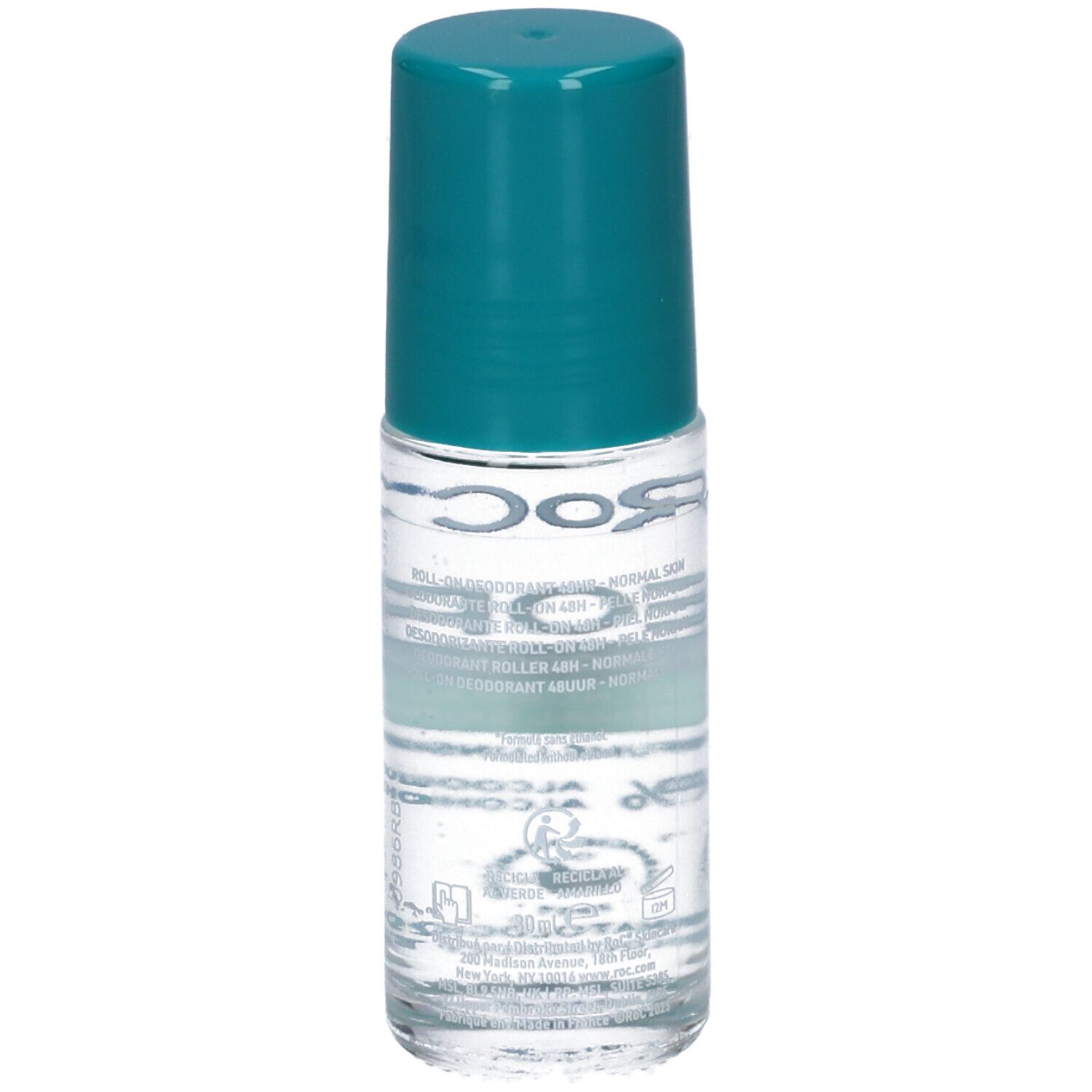 Bouteille transparente avec applicateur roll-on et bouchon turquoise, pour peau normale.