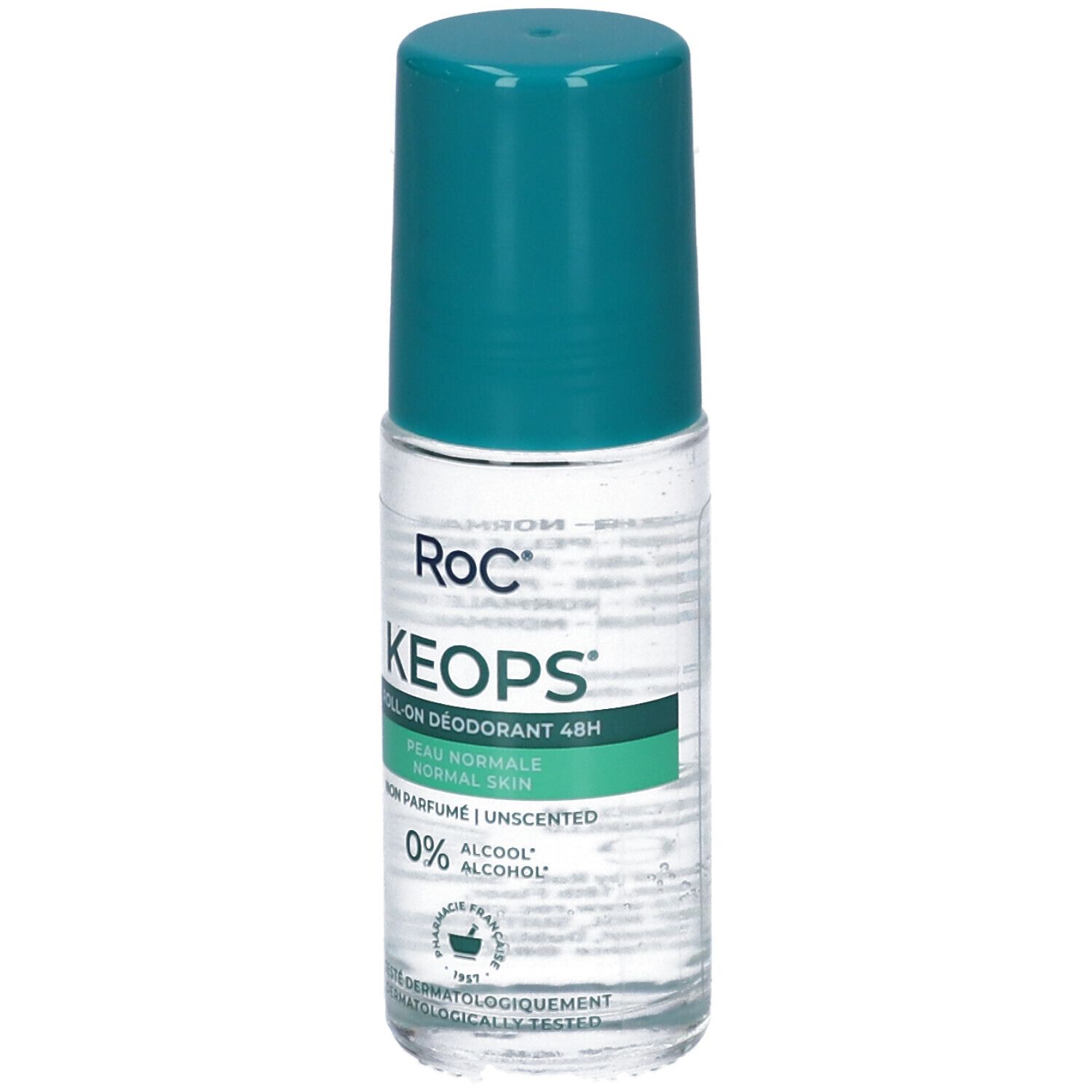 Bouteille de déodorant roll-on avec contenu clair et bouchon turquoise. L'étiquette indique 'RoC KEOPS'.