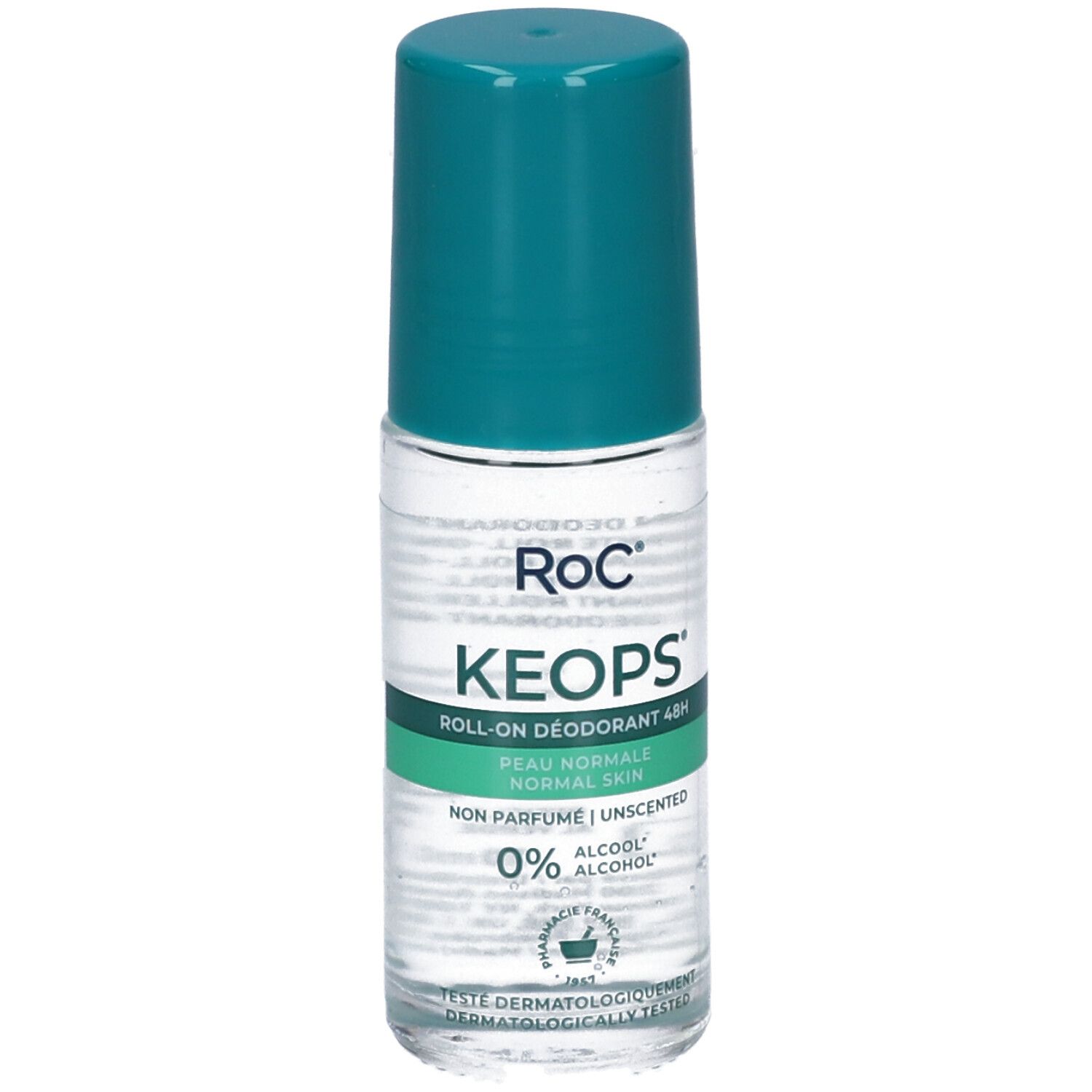 Déodorant roll-on RoC Keops avec bouchon turquoise, protection 48h.