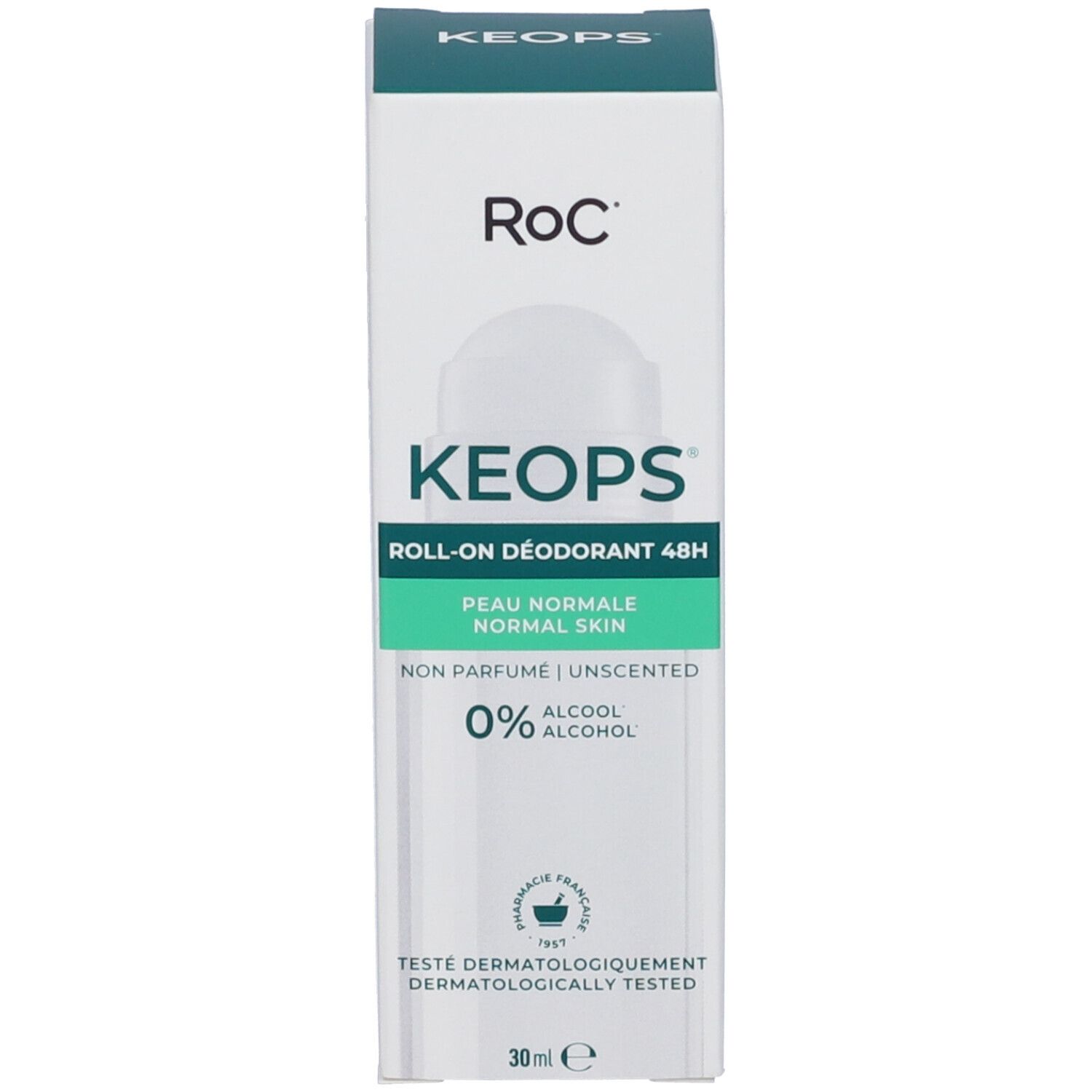 RoC KEOPS Roll-On Déodorant 48h, 30ml, peau normale, non parfumé, 0% alcool.