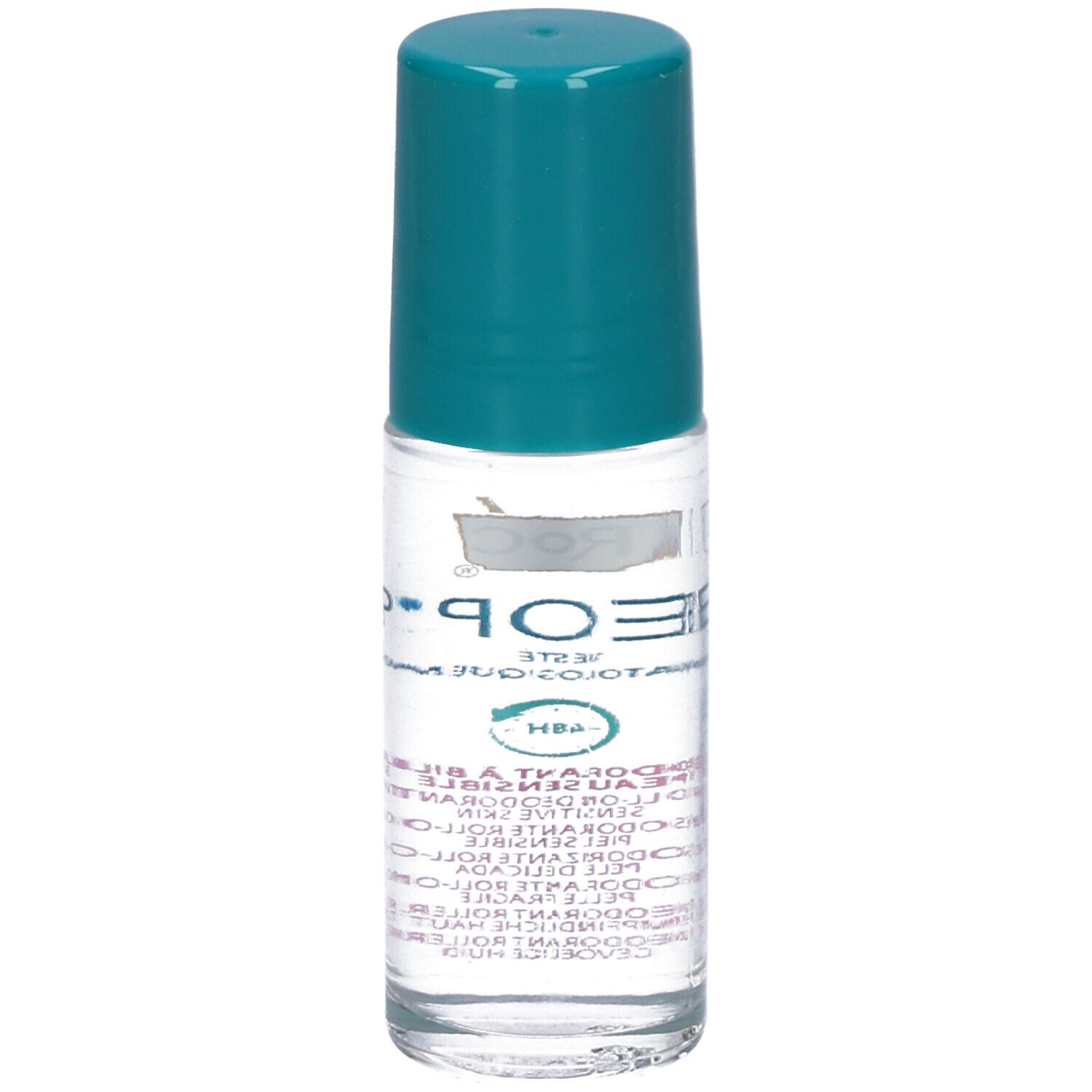 Een transparante roll-on deodorant met turquoise dop. Bevat HBA-certificering.