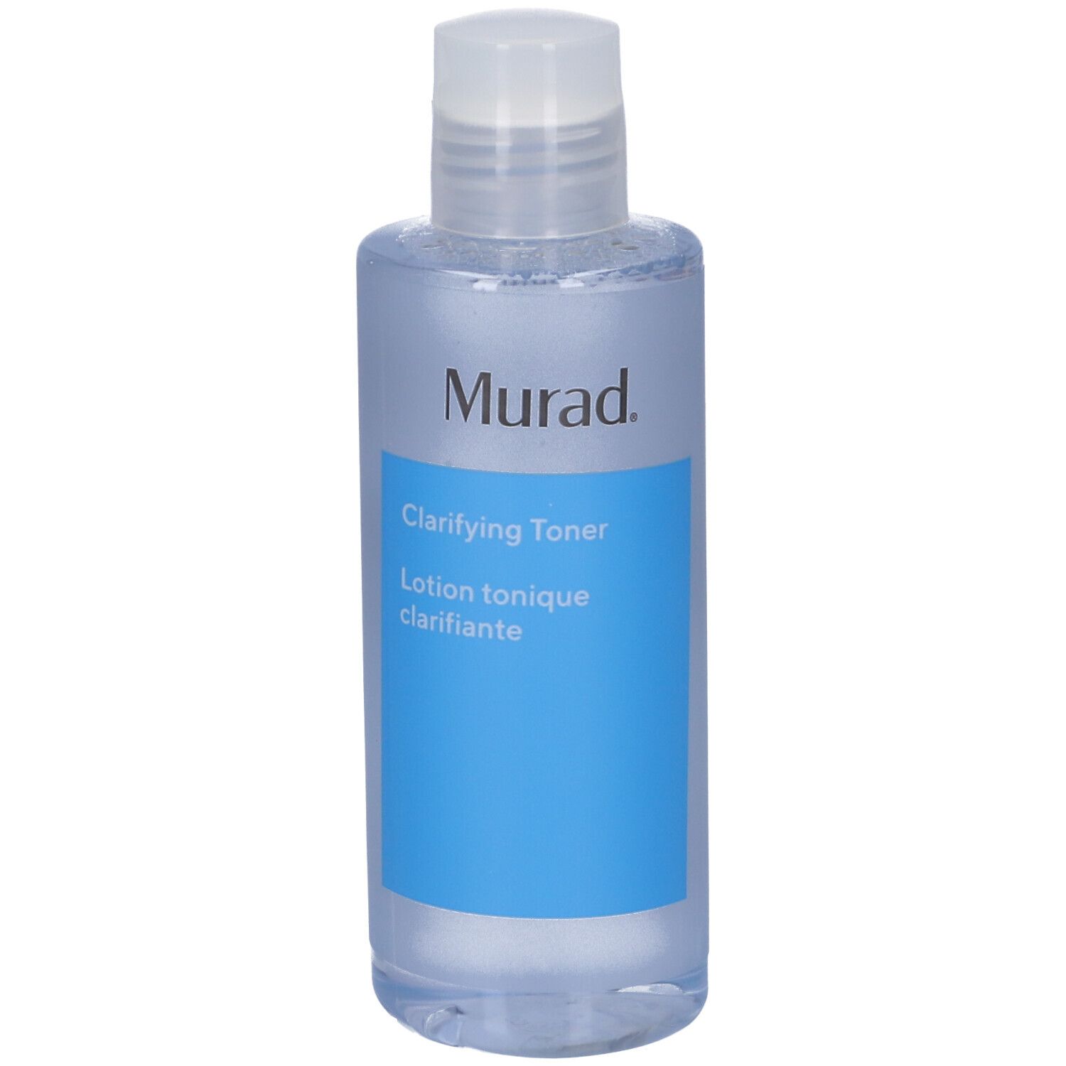 Flacon avec bouchon blanc. Étiquette bleue avec: Murad Clarifying Toner. Texte noir.