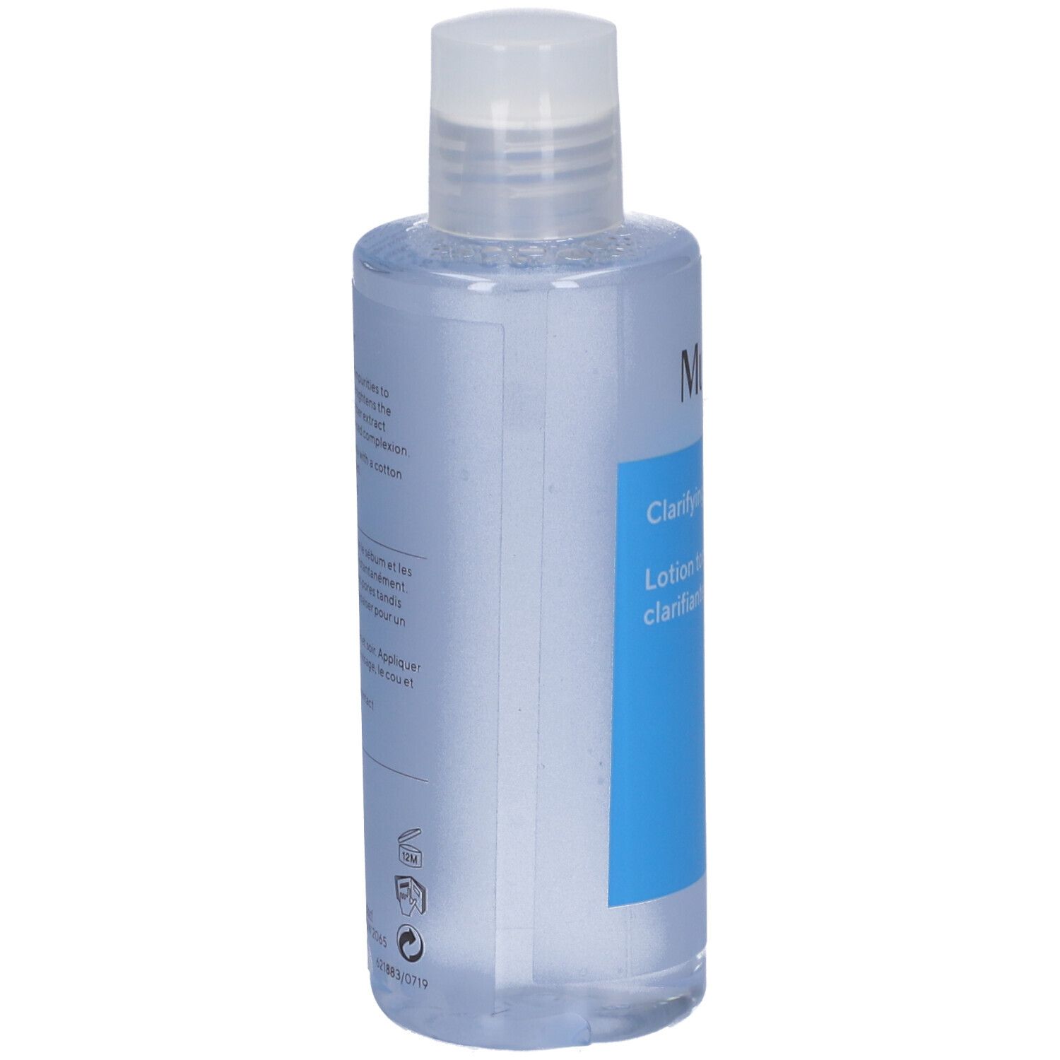 Flacon avec bouchon blanc. Étiquette bleue avec: Murad Clarifying Toner. Texte noir.