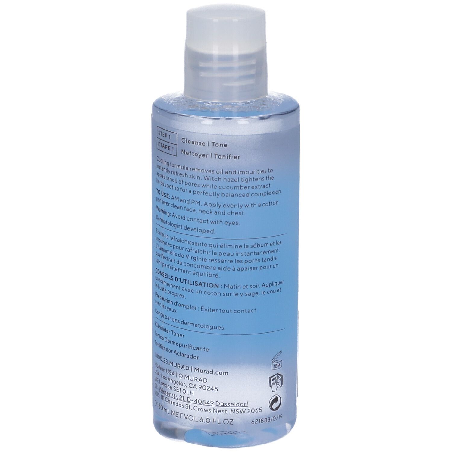 Flacon avec bouchon blanc. Étiquette bleue avec: Murad Clarifying Toner. Texte noir.