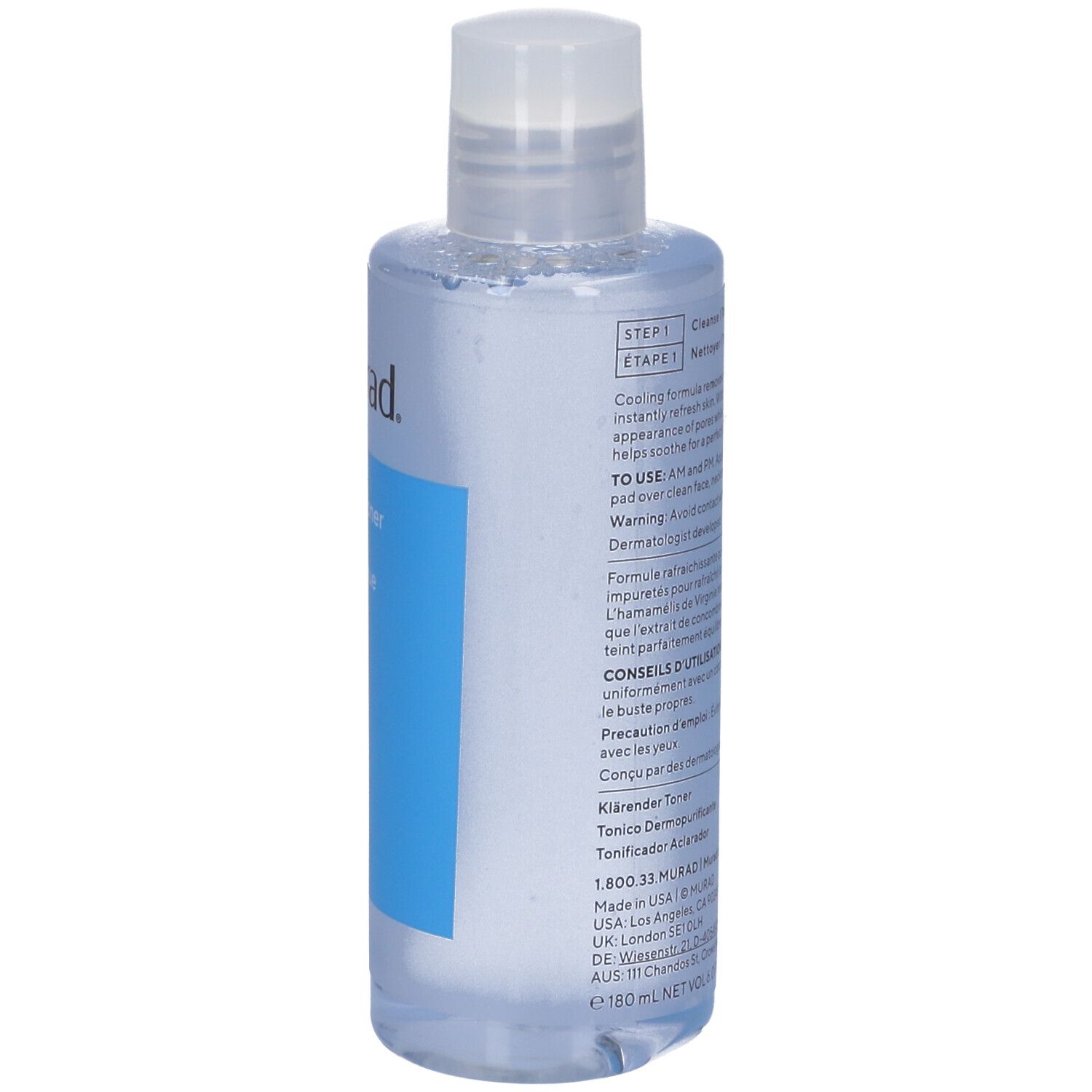 Flacon avec bouchon blanc. Étiquette bleue avec: Murad Clarifying Toner. Texte noir.