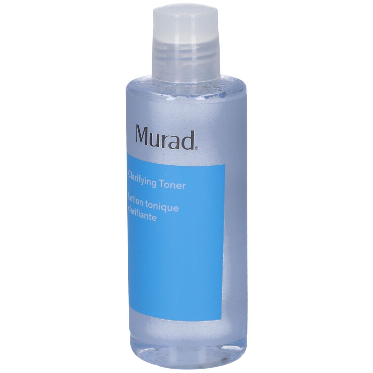 Flacon avec bouchon blanc. Étiquette bleue avec: Murad Clarifying Toner. Texte noir.