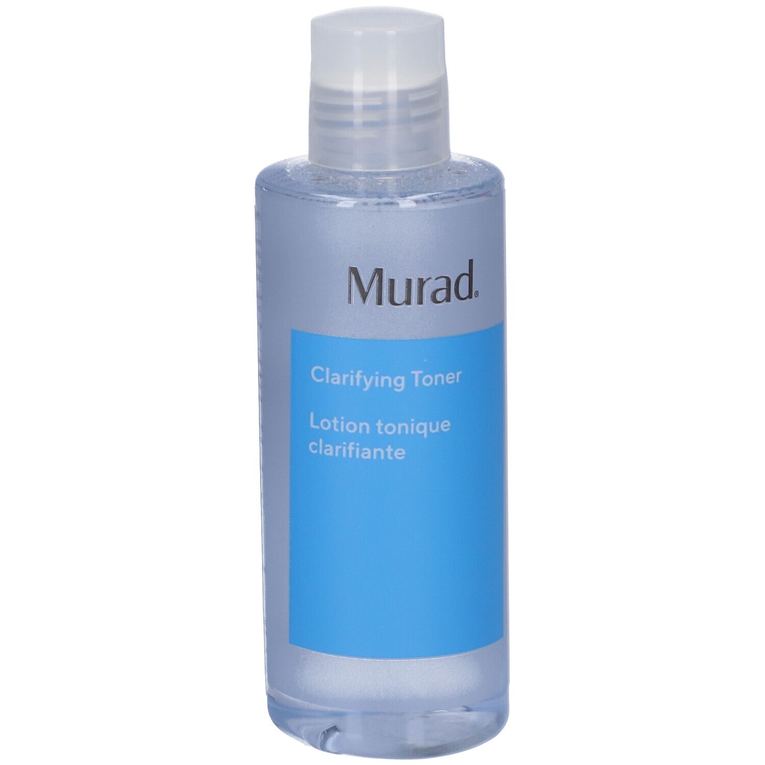 Flacon avec bouchon blanc. Étiquette bleue avec: Murad Clarifying Toner. Texte noir.