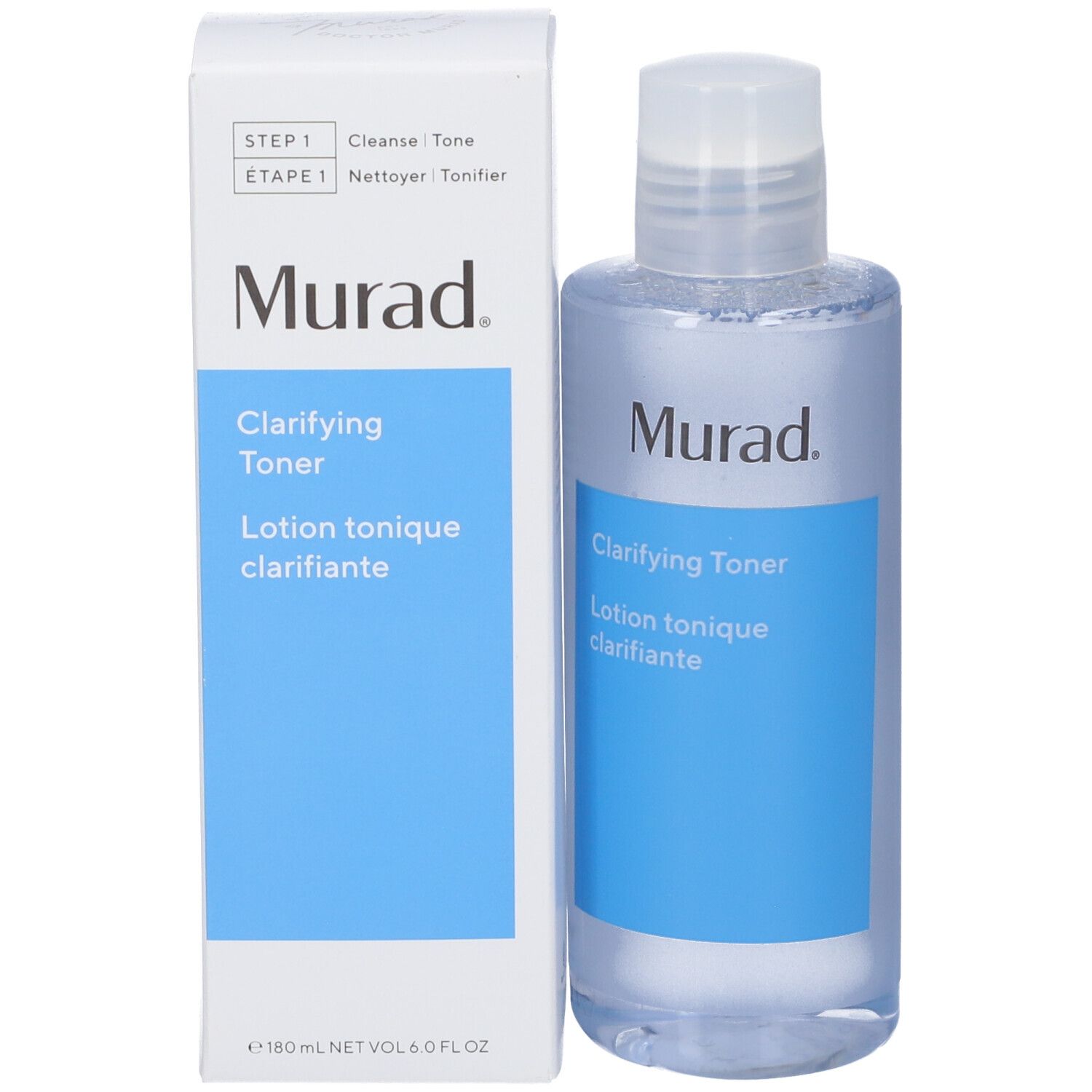 Flacon et emballage. Étiquette bleue avec: Murad Clarifying Toner. Texte noir. Emballage blanc.