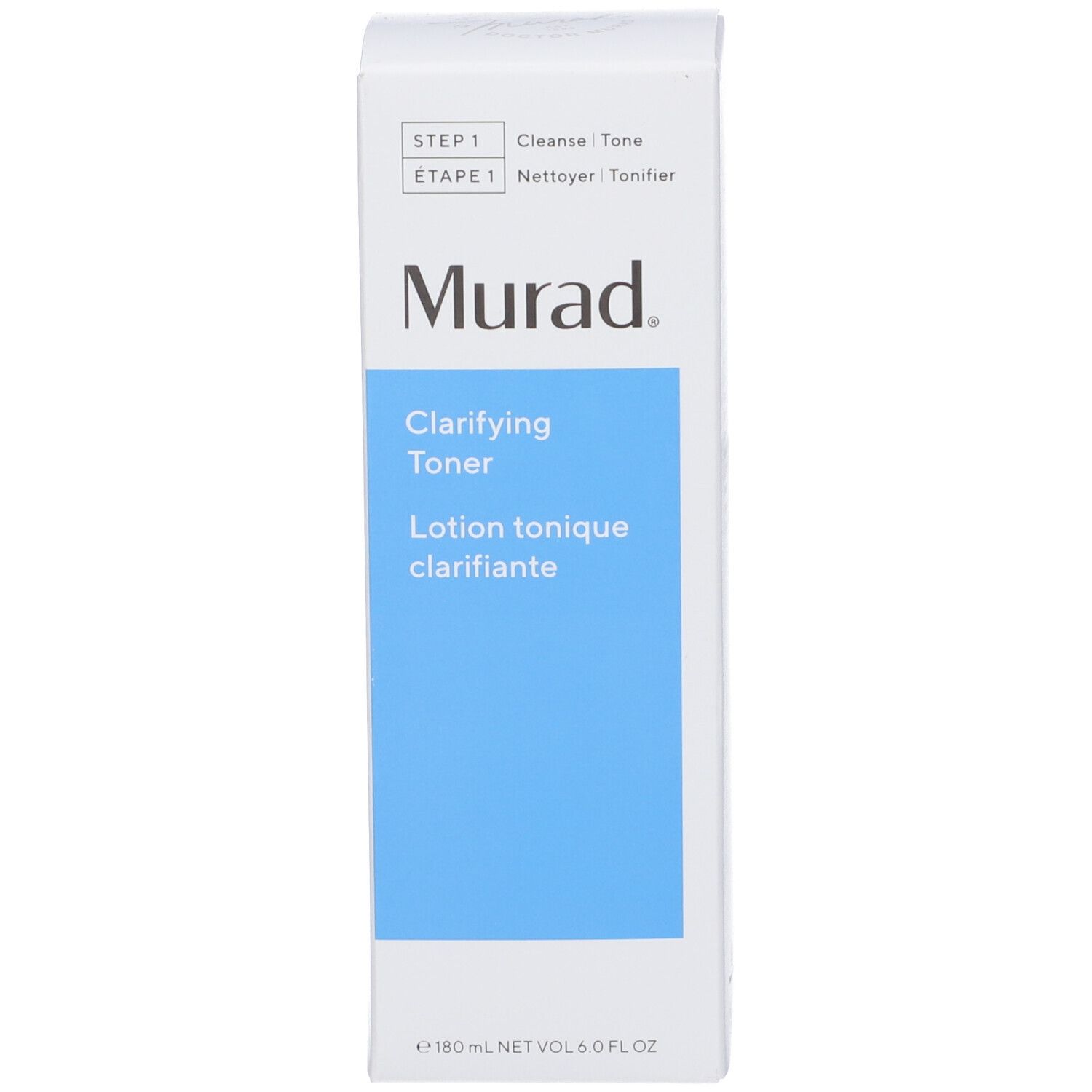 Emballage blanc. Étiquette bleue avec: Murad Clarifying Toner. Texte noir.