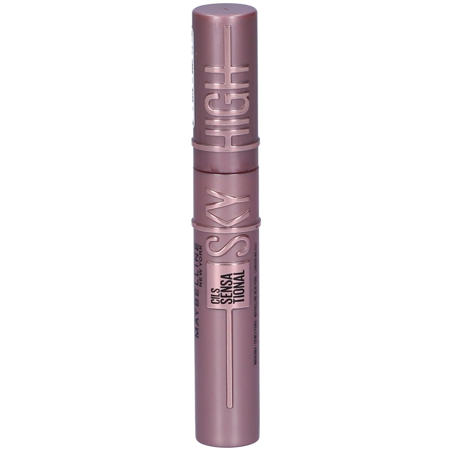 Tube de mascara rose avec inscription en relief "HIGH SKY" et "CILS SENSA TIONAL".