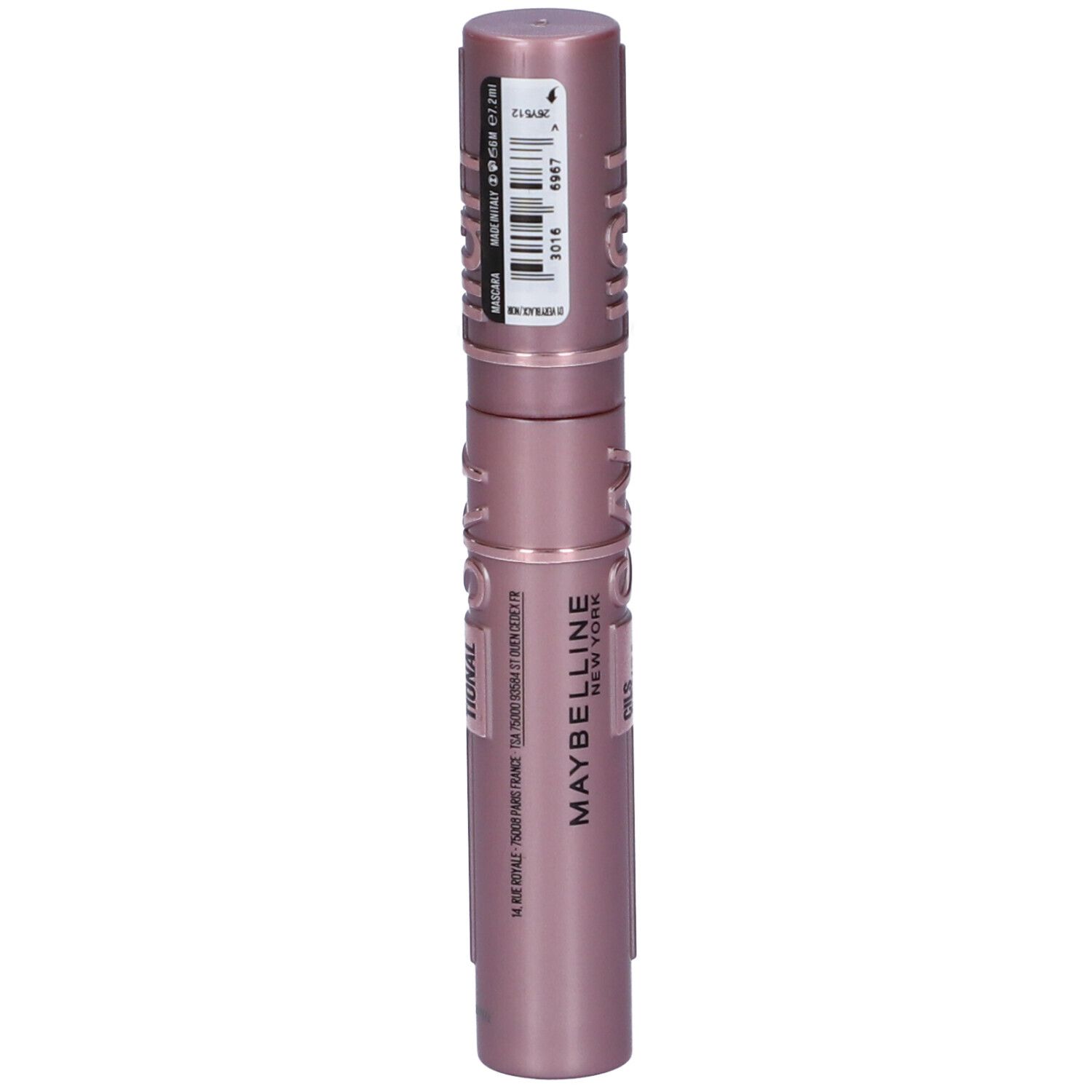 Tube de mascara Maybelline New York rose métallisé. Avec étiquette et code-barres.