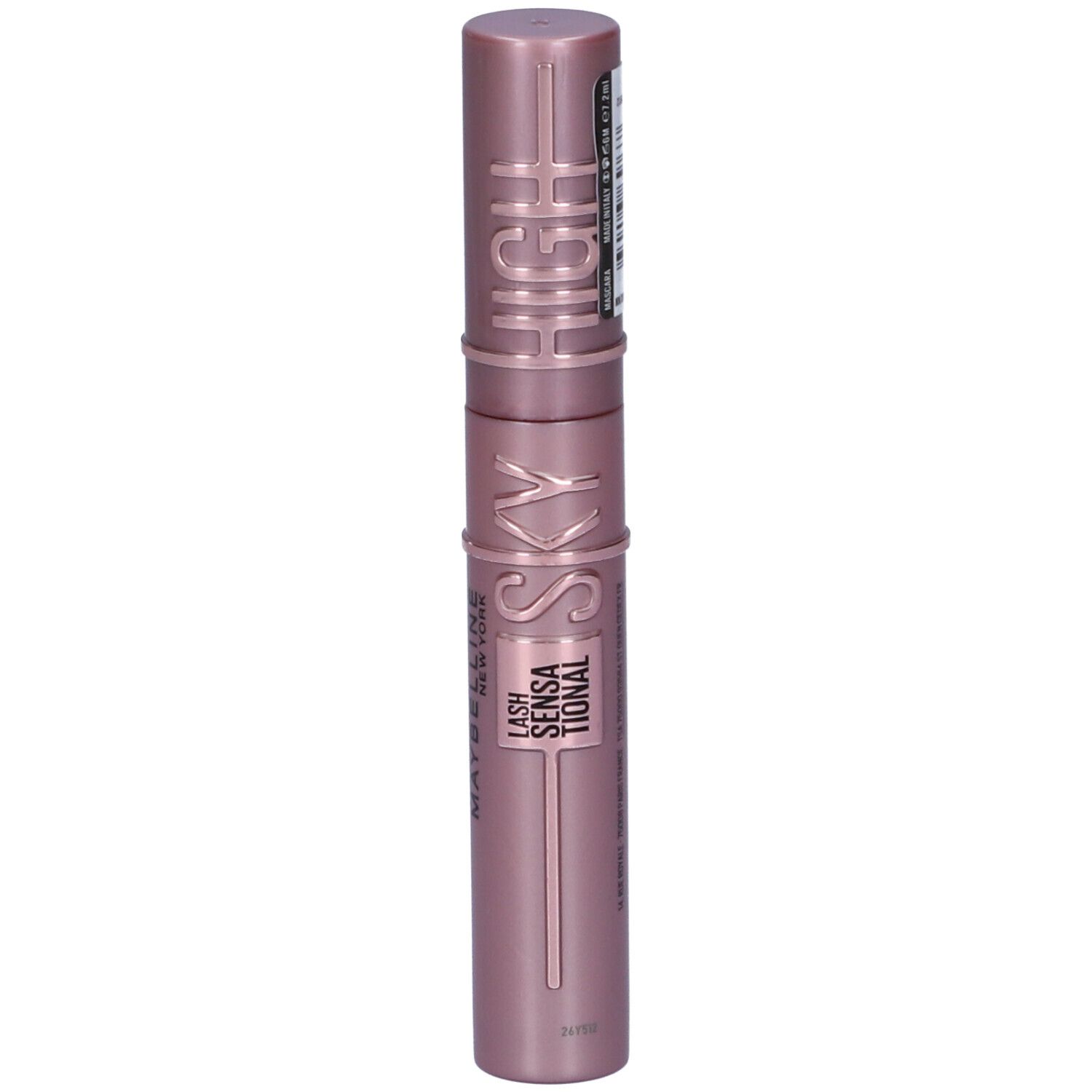 Tube de mascara rose avec inscription dorée : "SKY HIGH" et "LASH SENSAIONAL".