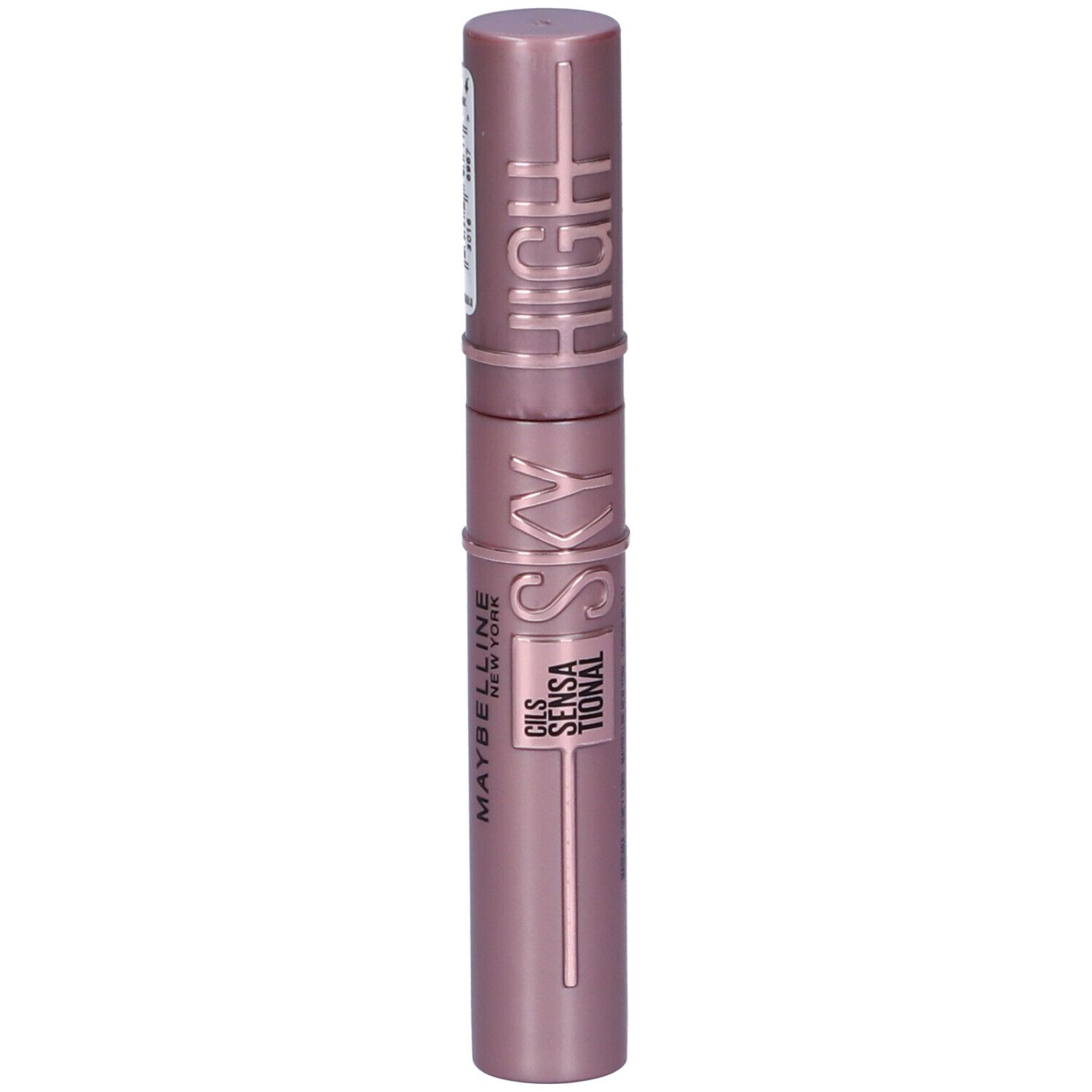 Tube de mascara Maybelline Sky High rose métallisé. Texte : 'Sky High', 'Maybelline New York', 'Cils Sensational'.