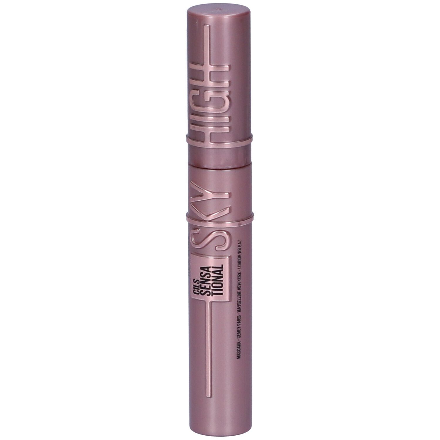 Tube de mascara rose avec les inscriptions "SKY HIGH" et "SENSATIONAL".