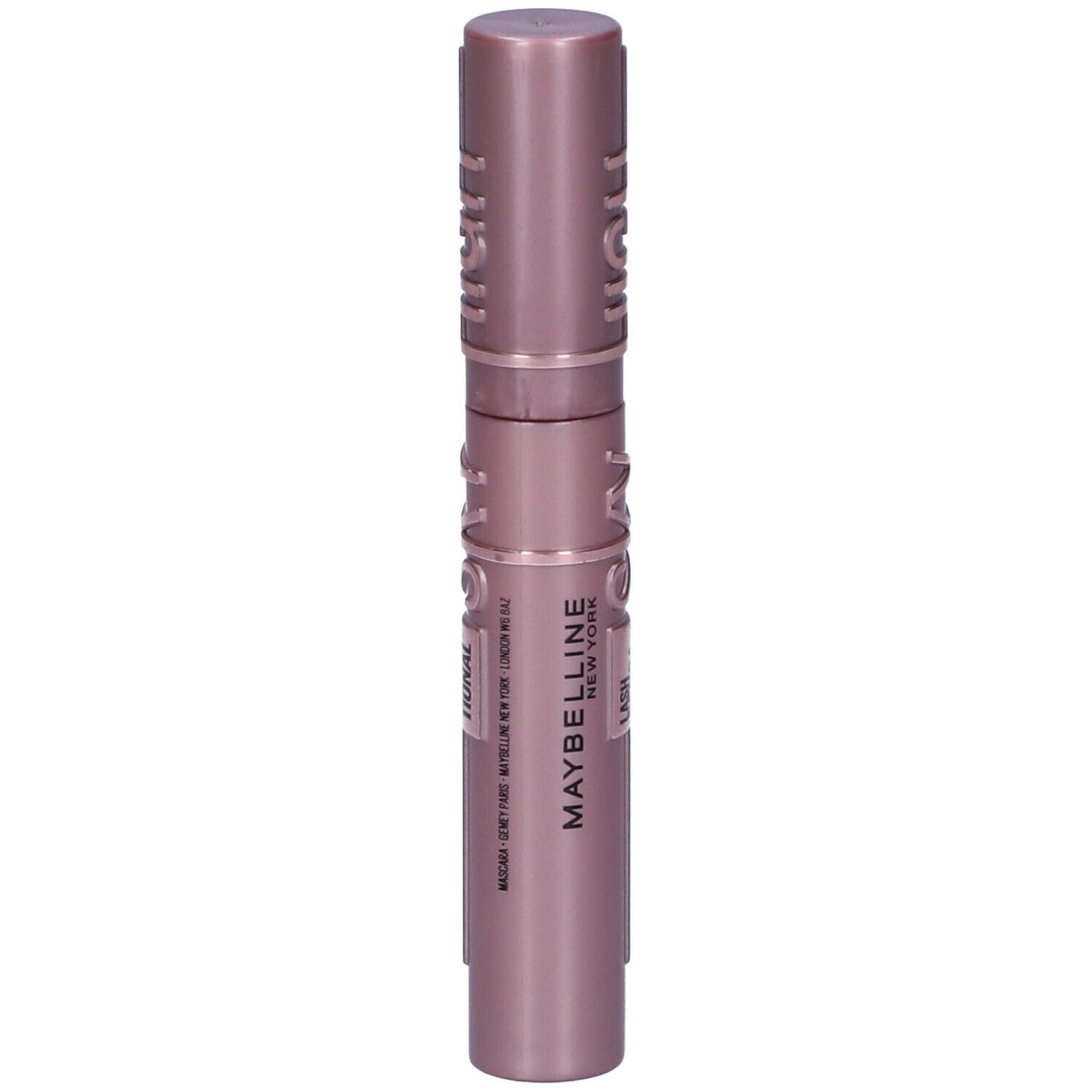 Mascara Maybelline New York rose. Le tube est décoré de texte et d'un motif en anneau.