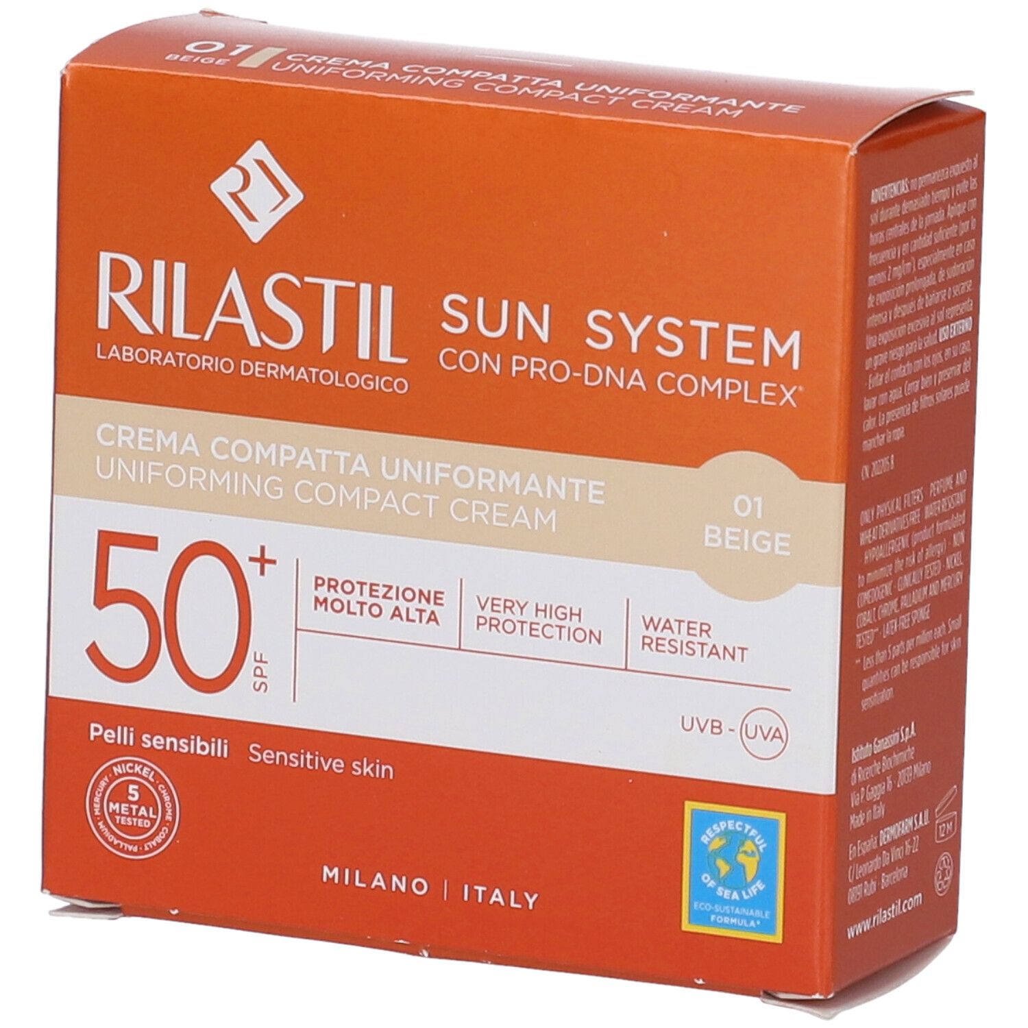 Rilastil Sun System Crème Compacte SPF 50+, teinte 01 Beige. Haute protection, résistante à l'eau.