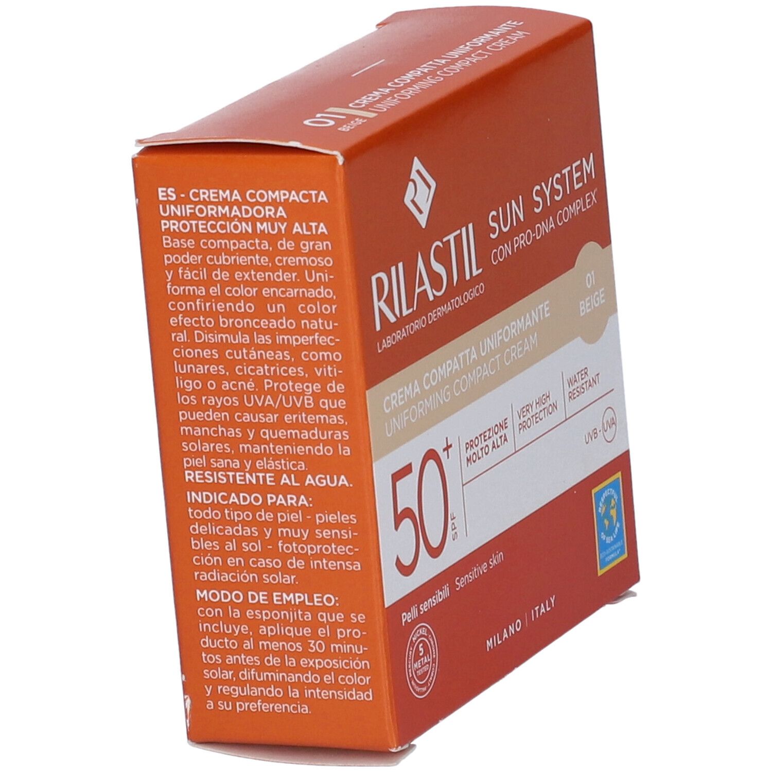 Crème compacte solaire SPF 50, beige.