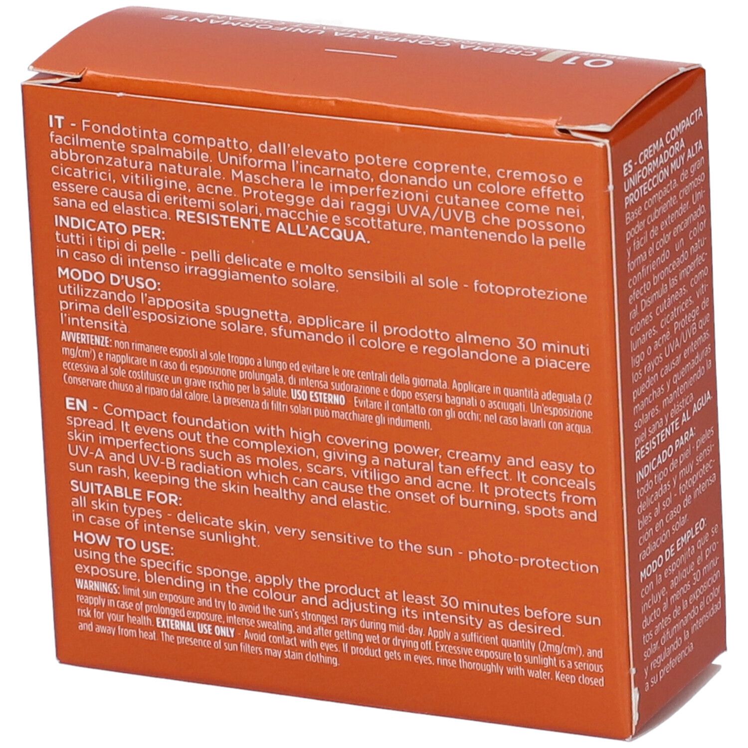 Emballage de fond de teint compact avec instructions d'utilisation et ingrédients détaillés.