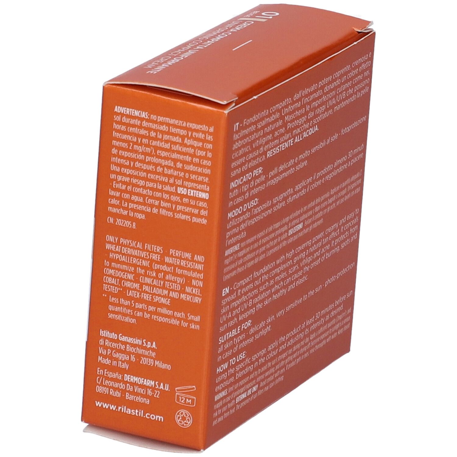 Boîte de fond de teint compact avec texte multilingue, marque Rilastil.
