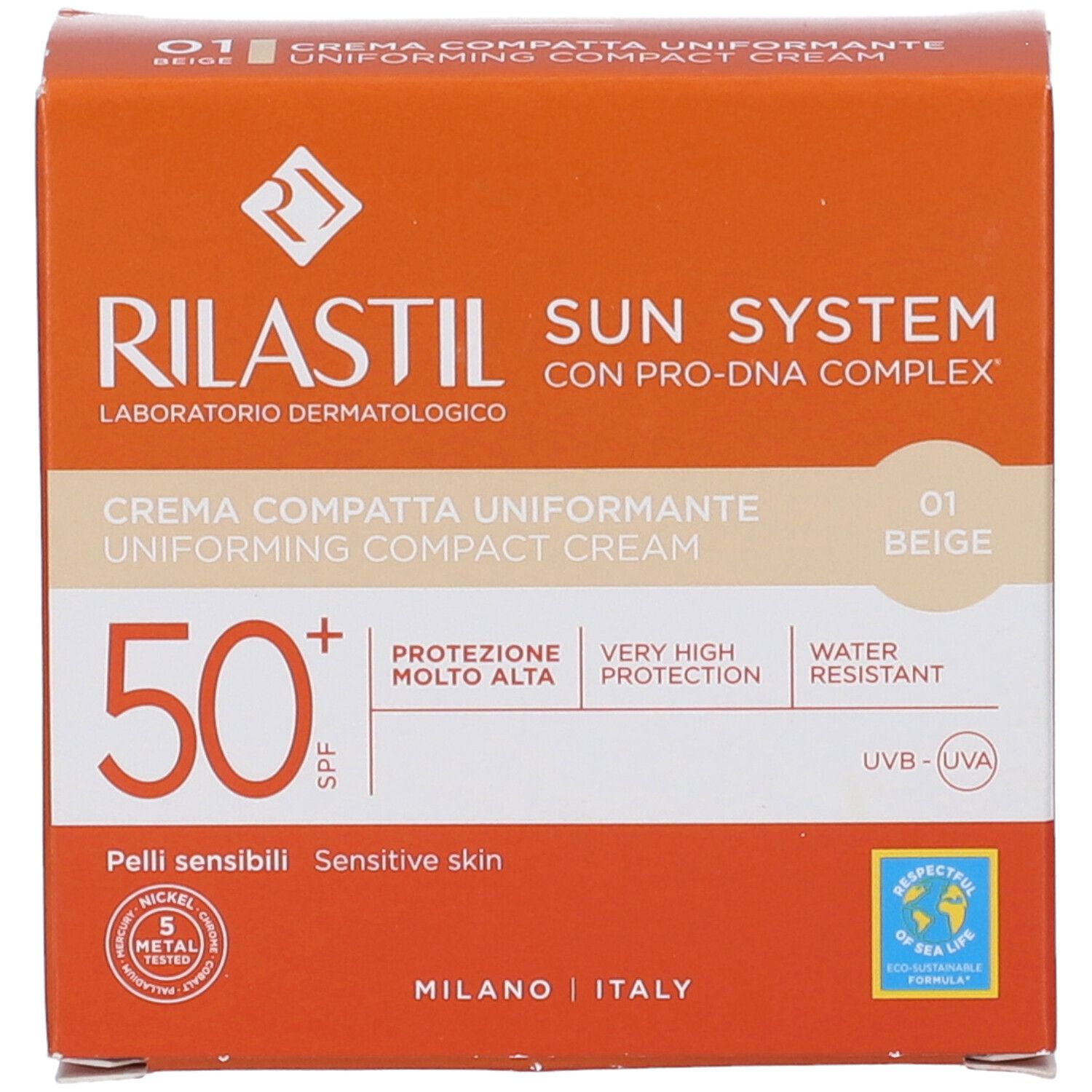 Rilastil Sun System : crème compacte teintée SPF 50+, très haute protection, résistante à l'eau, peaux sensibles.