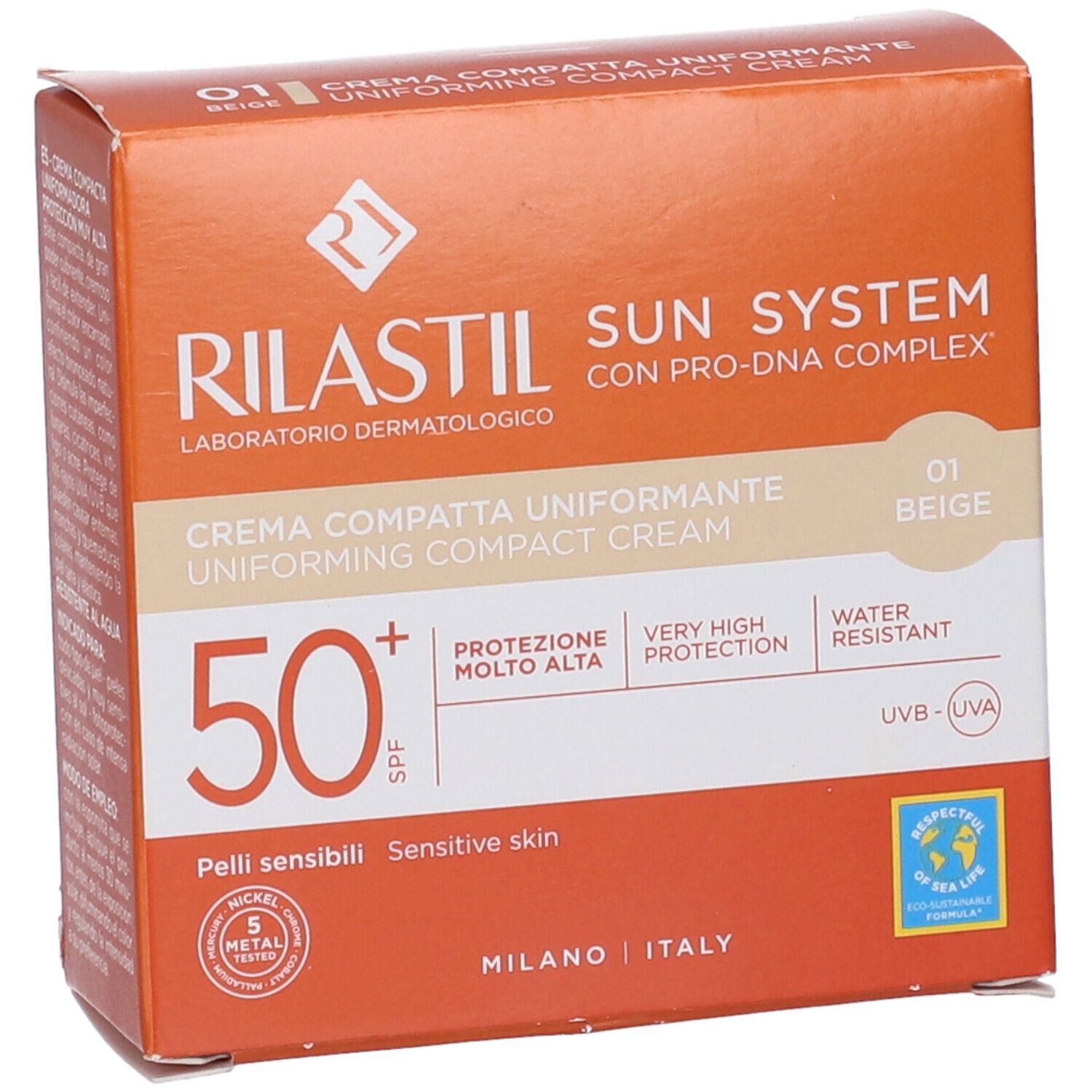 Rilastil Sun System Crème Compacte SPF 50+, Beige. Pour peaux sensibles, résistante à l'eau.