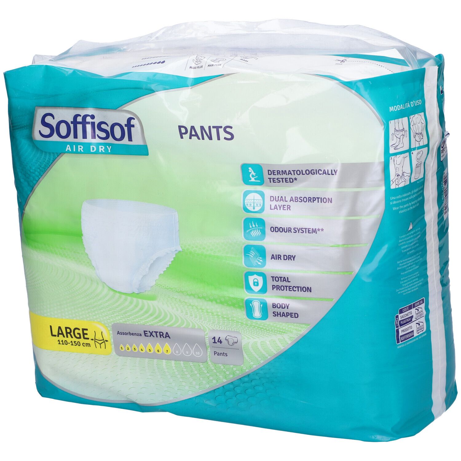 Verpakking Soffisof Air Dry Pants, maat L, 110-150 cm, 14 stuks. Extra absorptie. Dermatologisch getest. Lichaamsvorm.